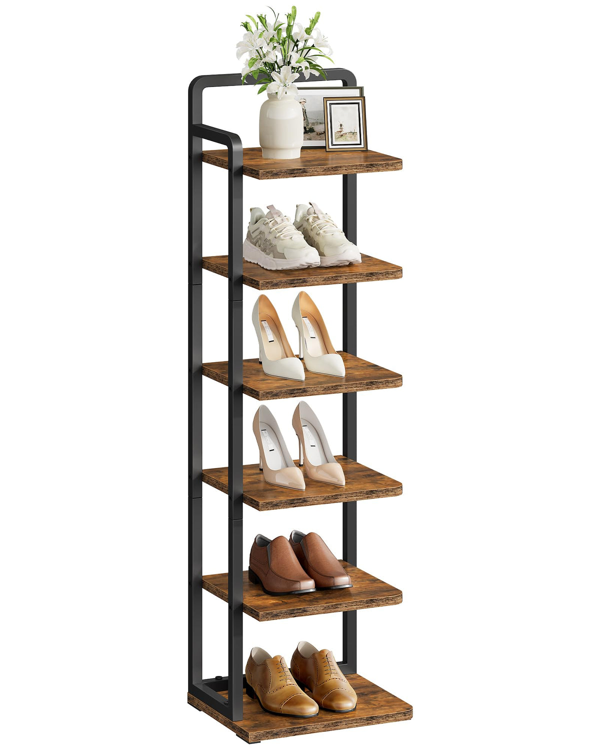 6 Tier Narrow Shoe Tower, Rustic Brown and Black Corner Rack