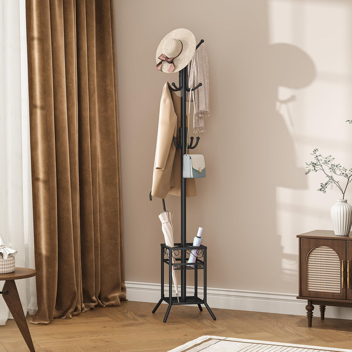 Metal Coat Stand with Umbrella Holder, 12 Hooks, 71.9 Inch, Black