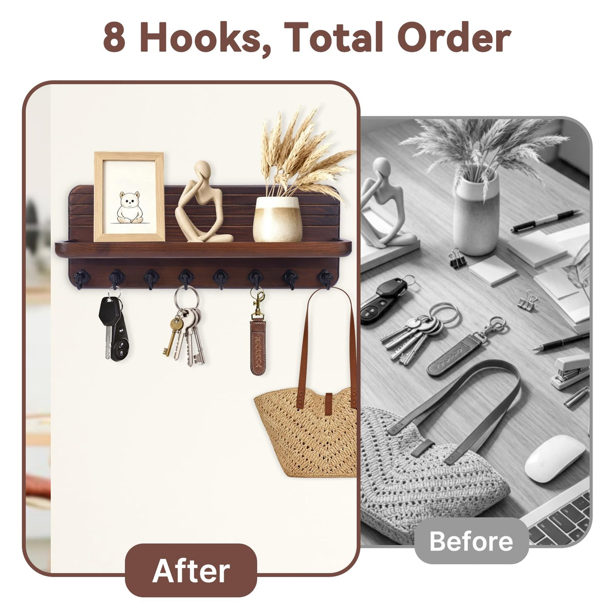 Pine Wood Key Holder with Curved Shelf and 8 Hooks, Brown