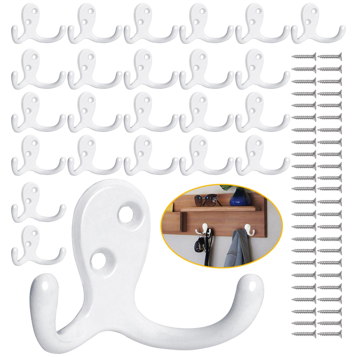 24 Pack White Double Wall Hooks with 48 Screws