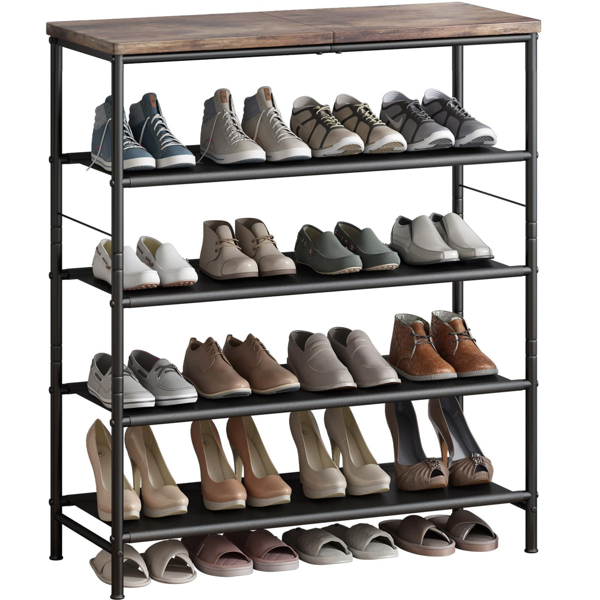 5 Tier Metal Shoe Rack with Wood Top, Black and Rustic Brown