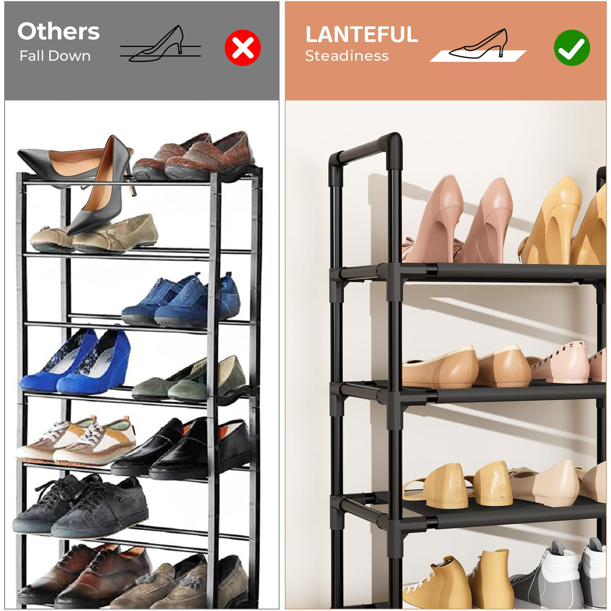 5 Tier Black Shoe Rack, Narrow 17 Inch Fabric Shelf with Hooks