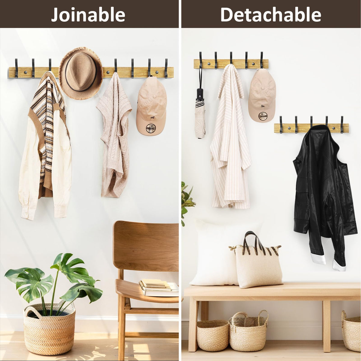 Wood Wall Coat Rack, 2 Pack, 16.5 Inch, 5 Hooks Each, Natural