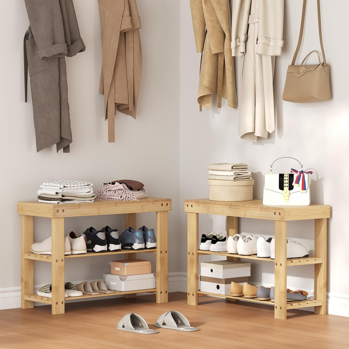 Natural Bamboo Shoe Bench, 3 Tier, 27.6 Inch, 286 lb Seat