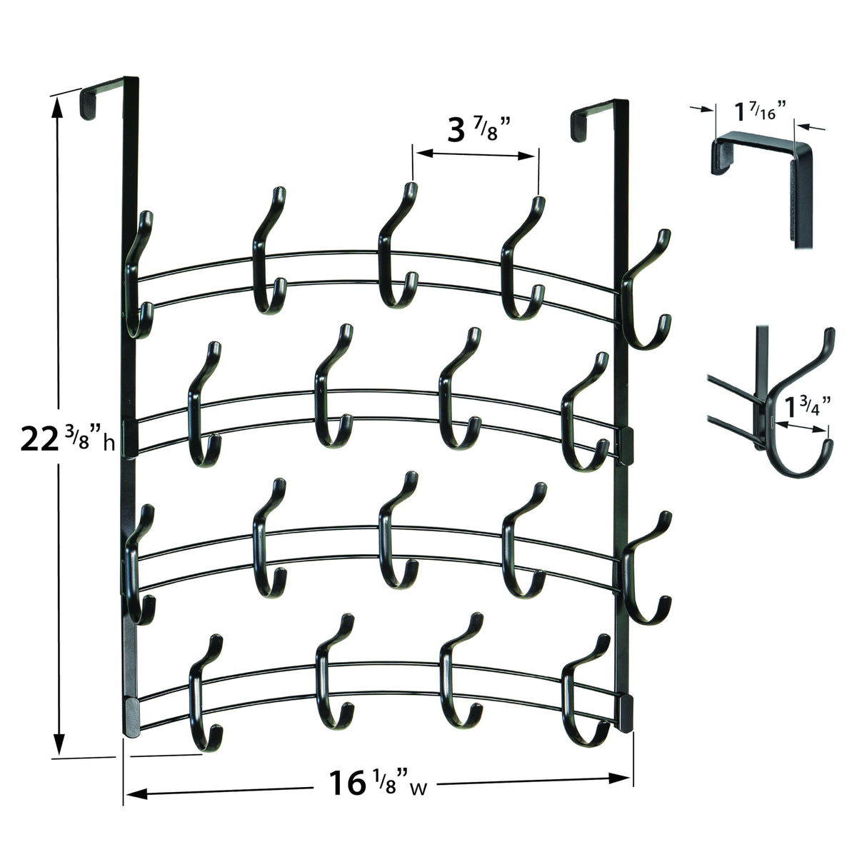 36 Hook Over the Door Hanger, 4 Tier Steel Rack, Piano Black