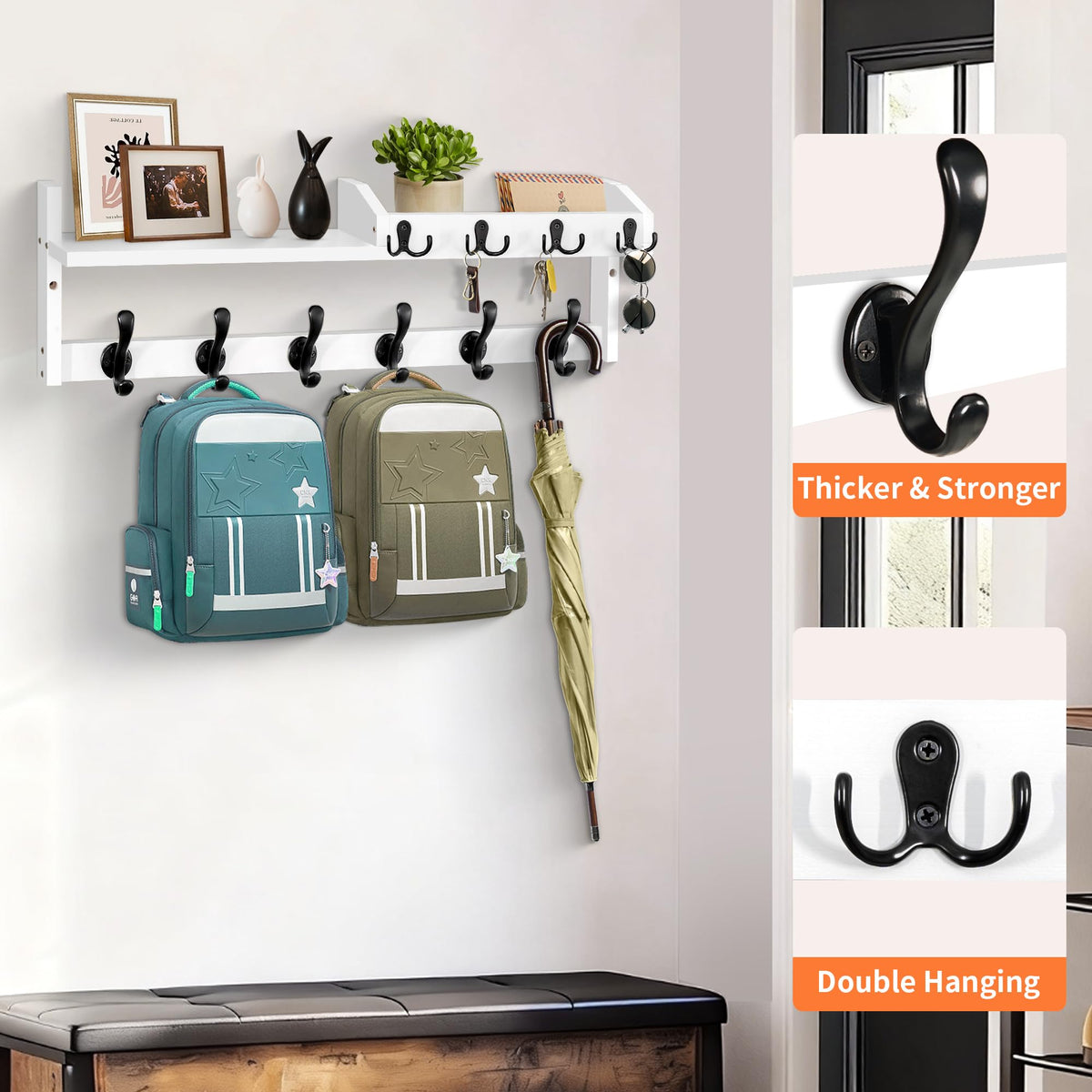White Wall Coat Rack with Shelf and Mail Holder, 27.5 Inch