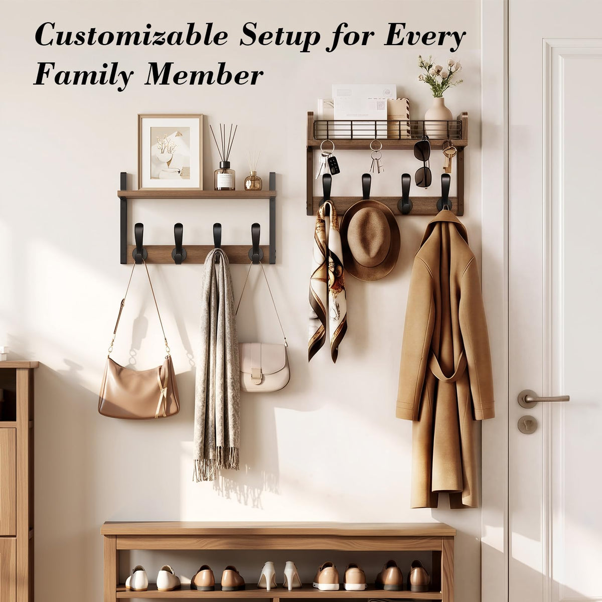 Brown Wood Coat Rack with Shelf, 32 Inch, 14 Hooks, 2 Piece Set