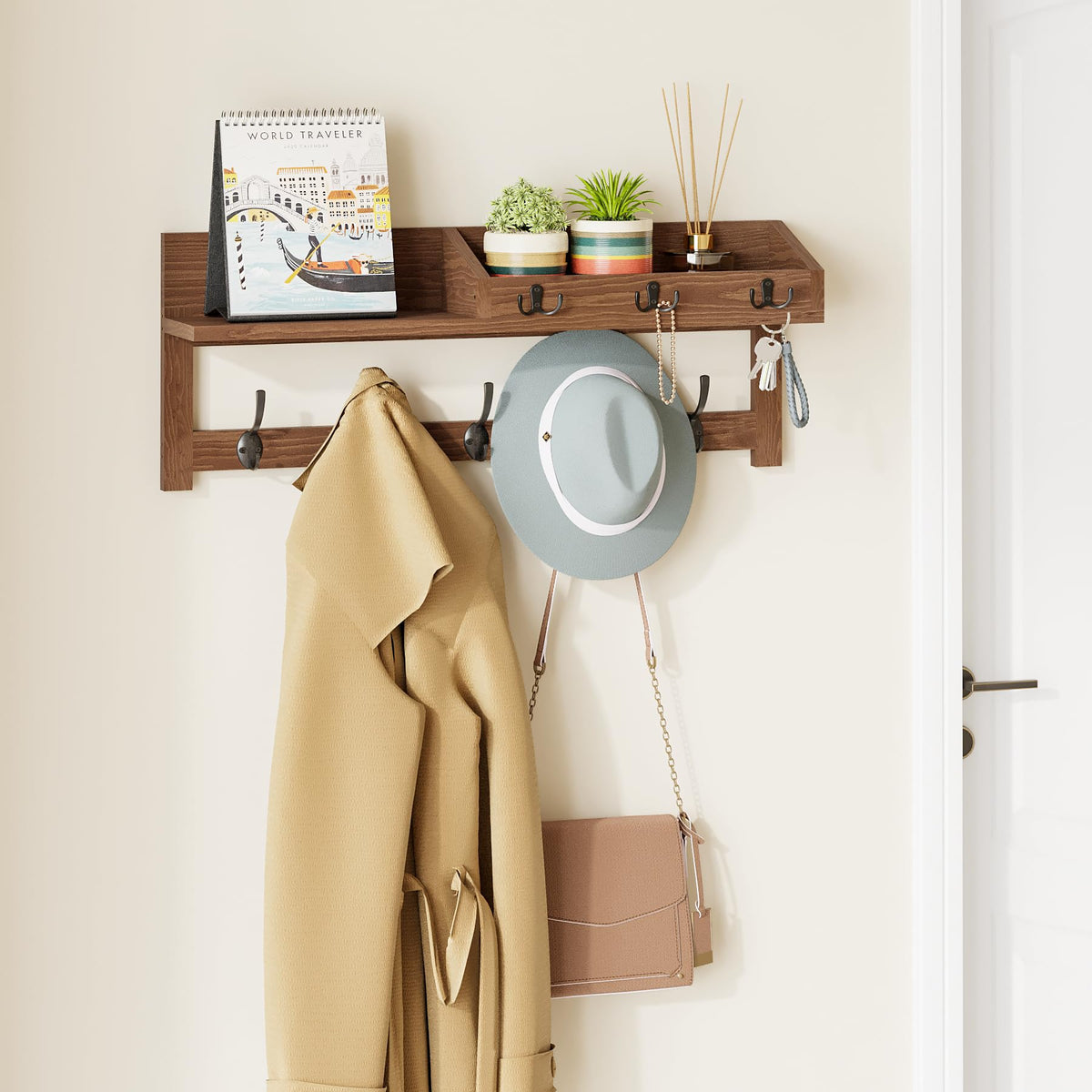 26.57 Inch Wall Shelf with 5 Double Coat Hooks and 3 Key Hooks, Brown