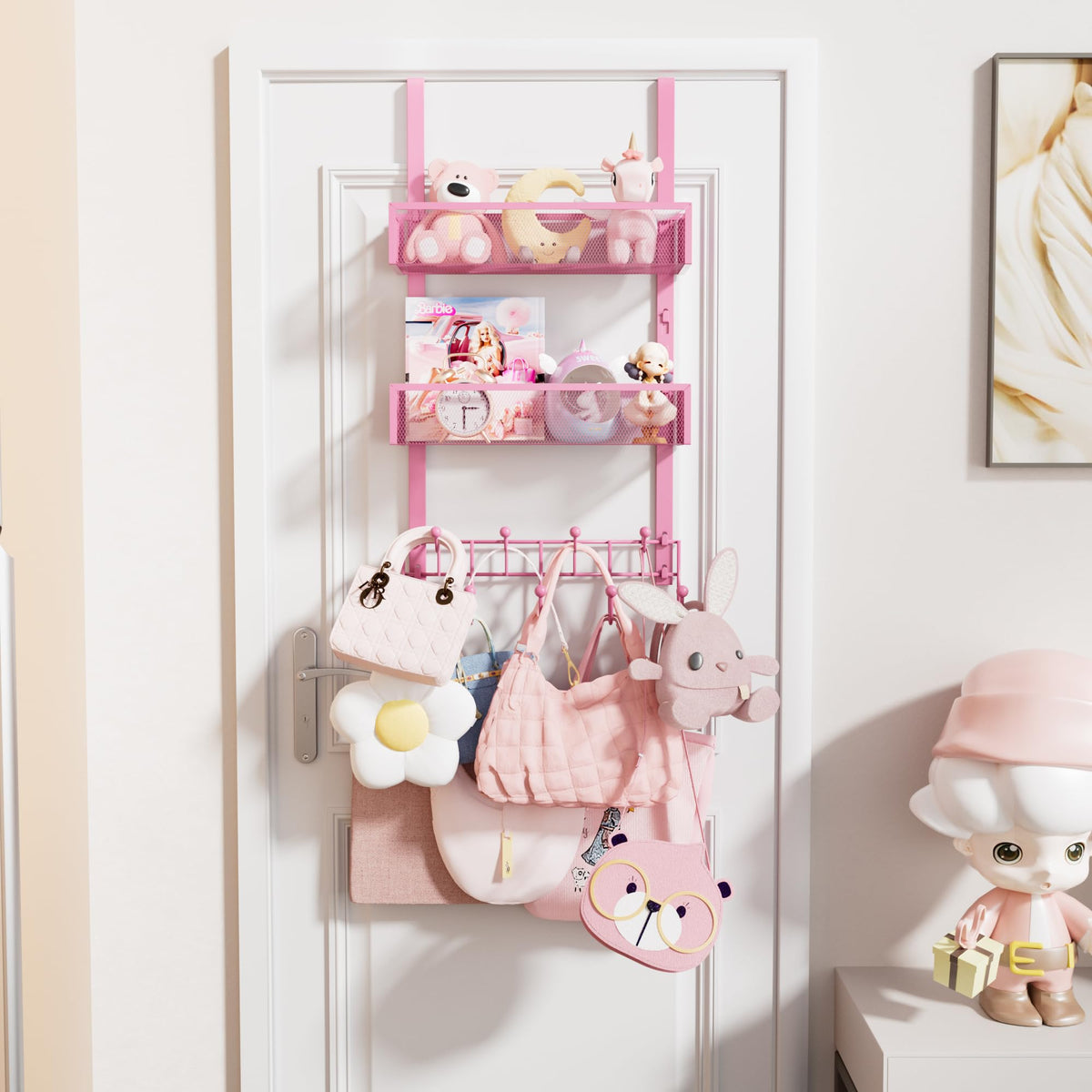 Pink Over the Door Hanger, 2 Baskets and 9 Coat Hooks