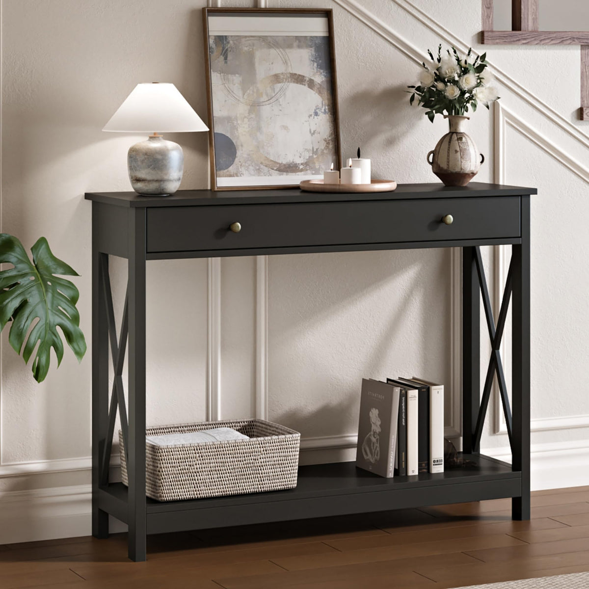 Black Narrow Console Table with Drawer and Bottom Shelf, 40 Inch