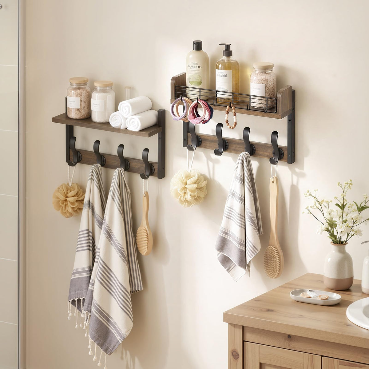 Brown Wood Coat Rack with Shelf, 32 Inch, 14 Hooks, 2 Piece Set