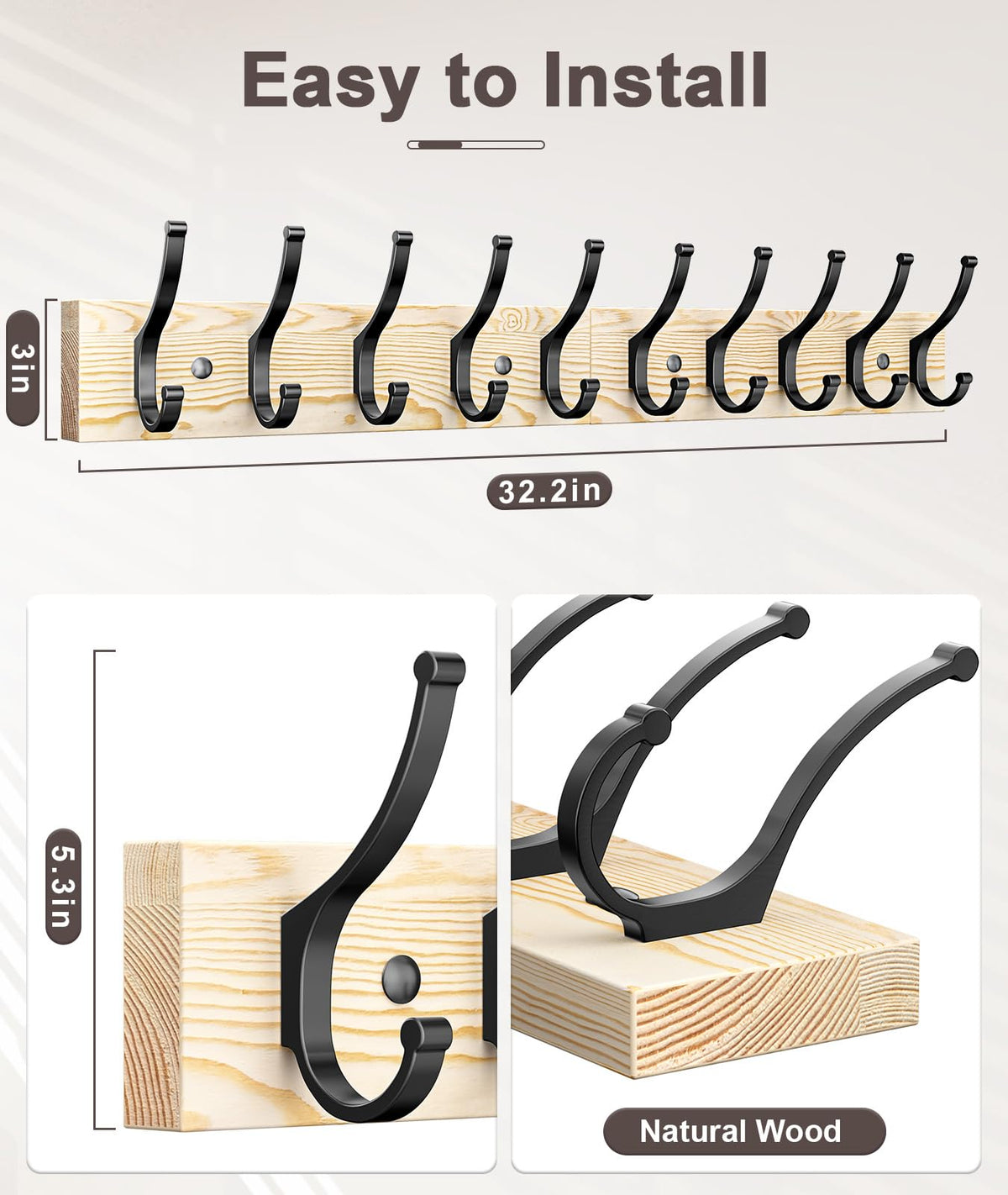 Rustic Wood Double Hook Coat Racks, 2 Pack, 16.5 Inch, Natural Wood