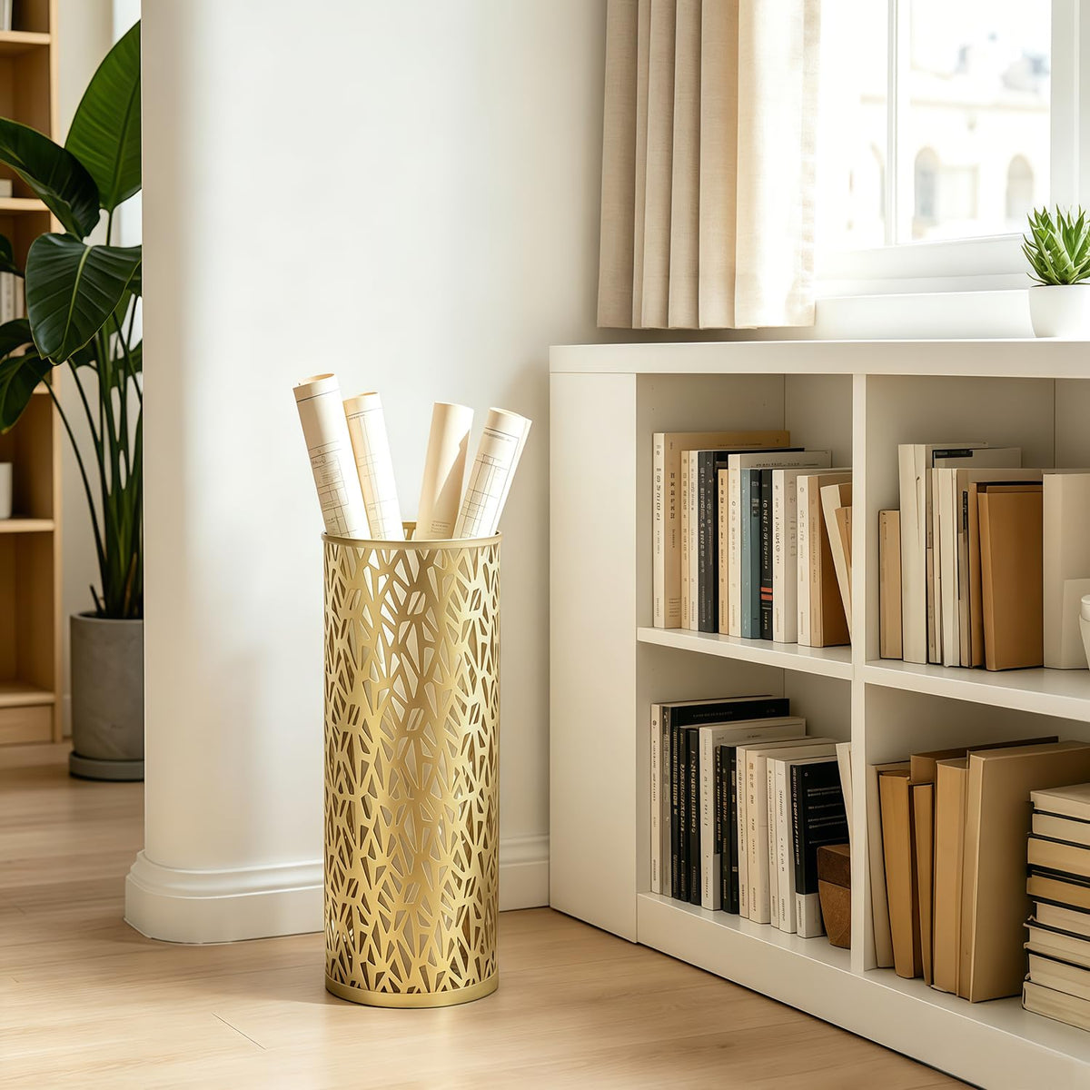 Round Metal Umbrella Holder, 16.4 Inch, Gold Hollow Pattern Stand