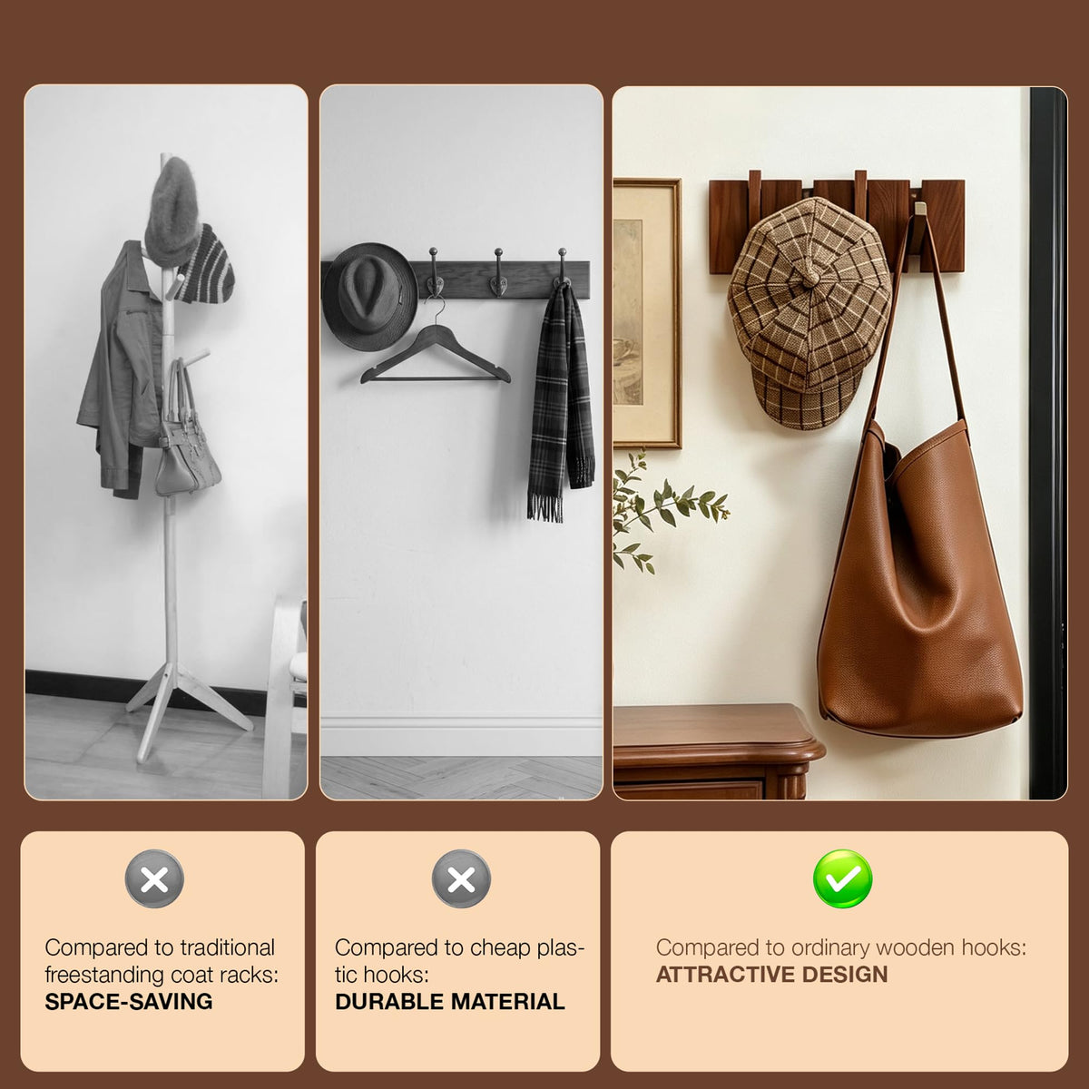 Walnut Wall Hooks, 4 Flip-Down Piano Key Style Hanger