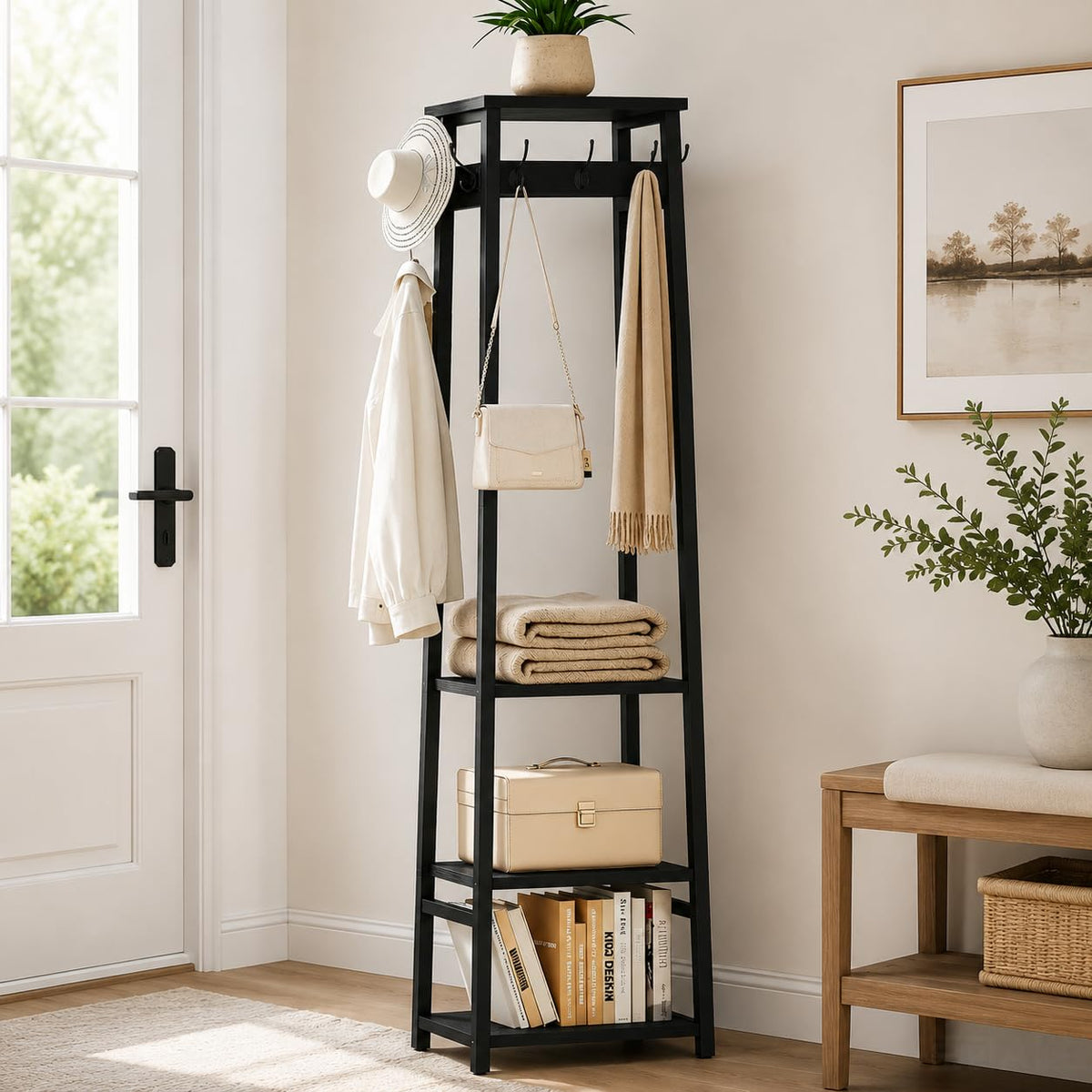Black Coat Rack Stand with 3 Shelves and 7 Hooks, 70.8 Inch Tall