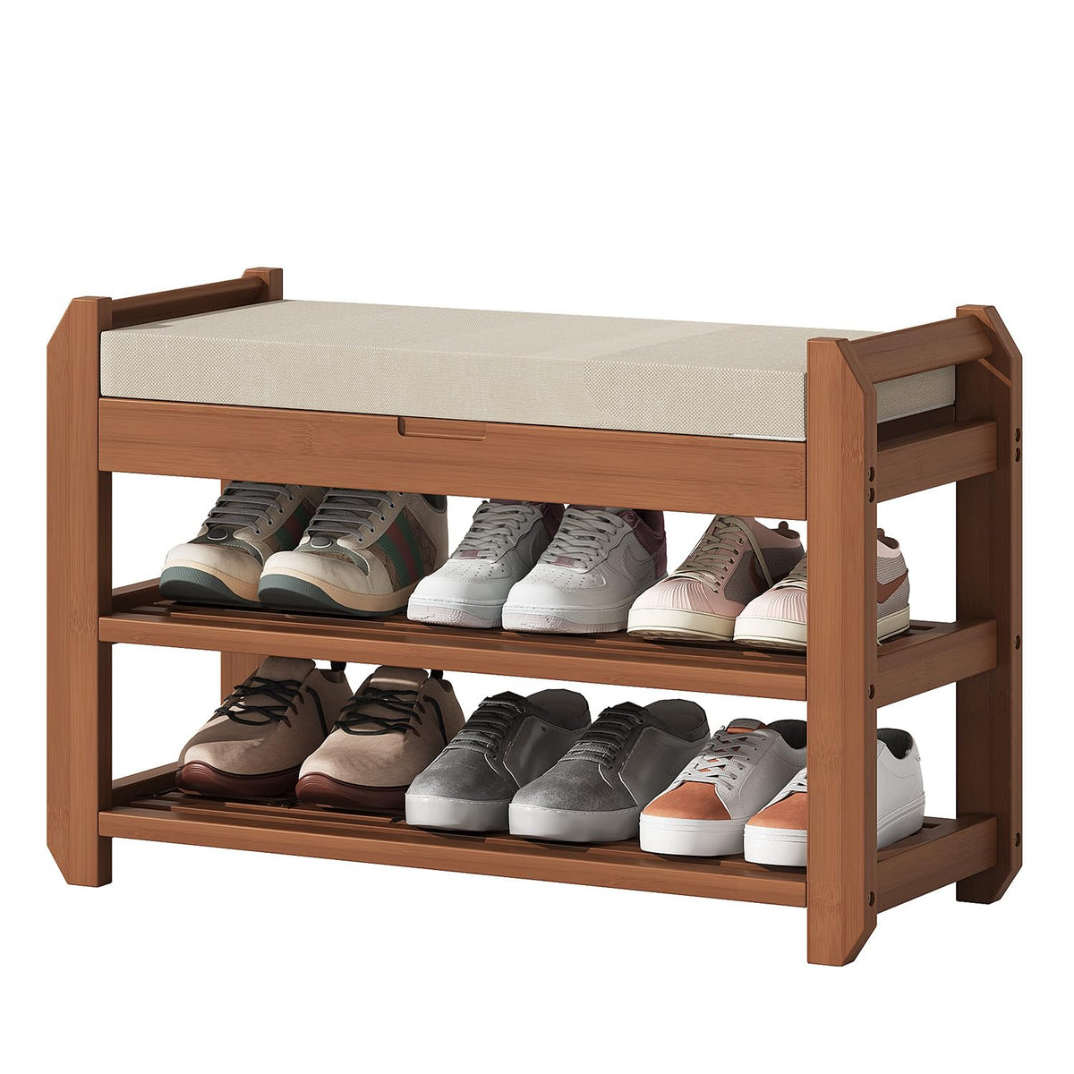 Bamboo Shoe Bench with Removable Cushion, 2 Tier, 27.6 Inch