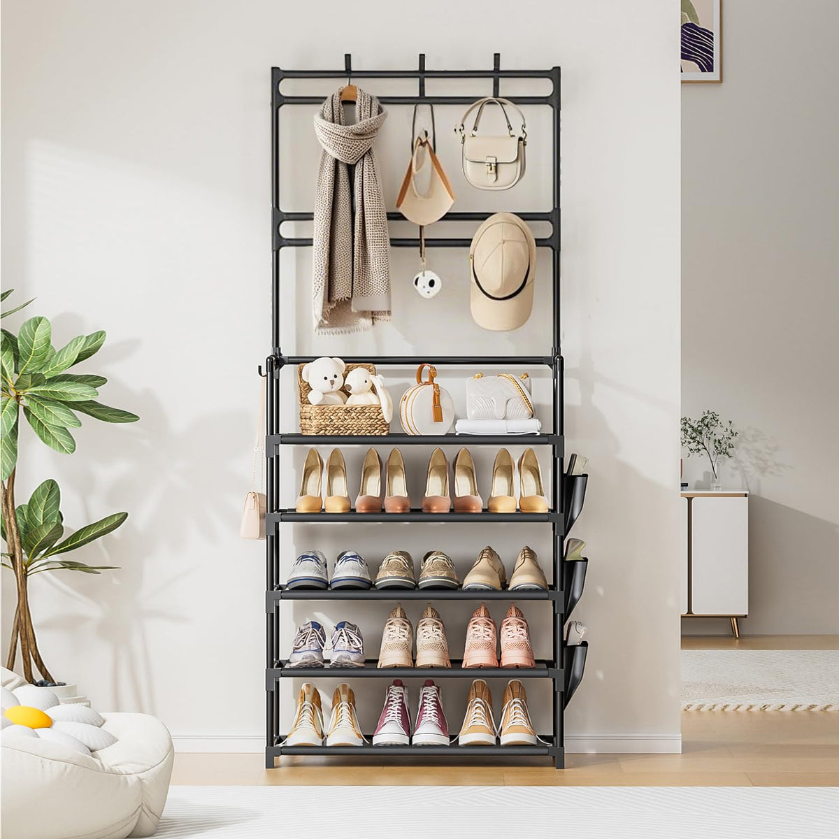 5 Tier Vertical Shoe Rack, Holds 15 to 20 Pairs, Black Metal