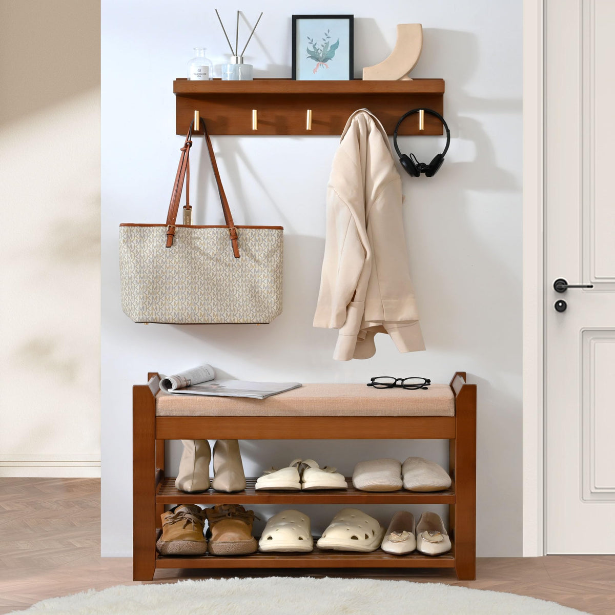Bamboo Hall Tree Shoe Bench with Wall Coat Rack, 28 Inch, 5 Hooks, Brown