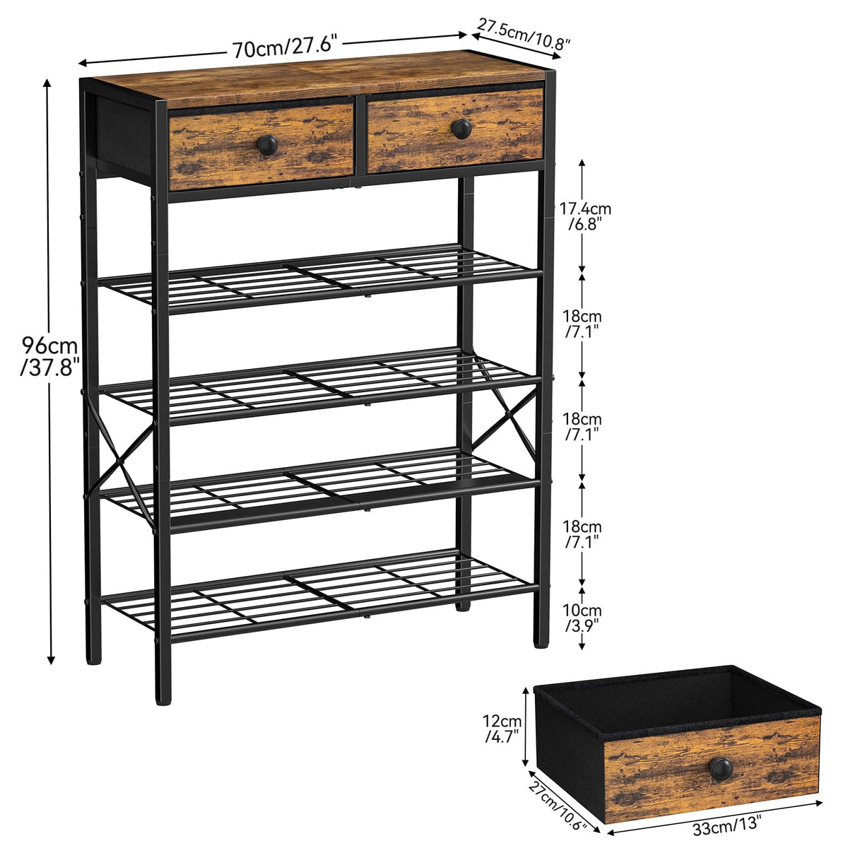 5 Tier Shoe Rack with 2 Storage Drawers and Wood Top, Rustic Brown