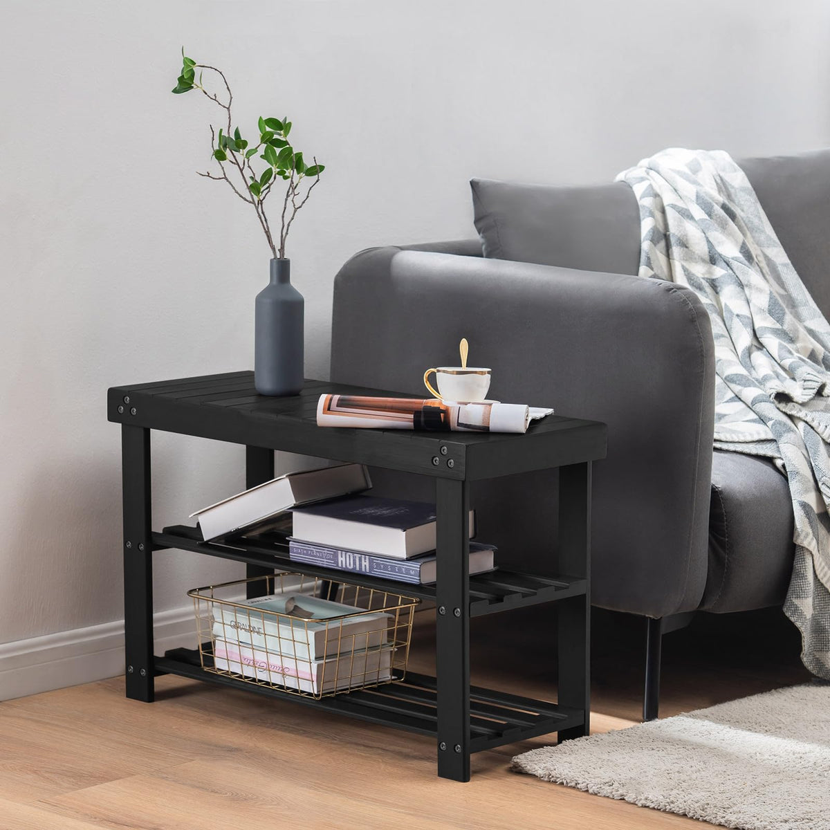 Bamboo Shoe Bench, 3 Tier Entryway Shoe Rack, 27.6 Inch, Black