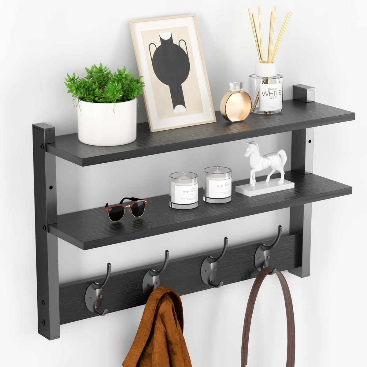 Two-Tier Black Wall Shelf with Double Hooks, 17 Inch