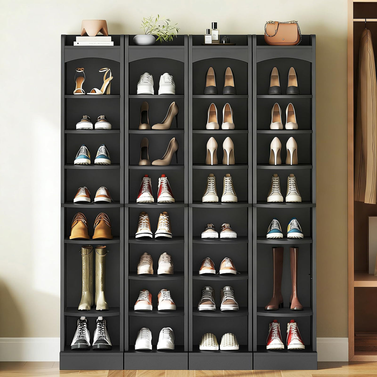 9 Tier Tall Shoe Rack, Narrow Black Wood Shelf, Holds 9 Pairs