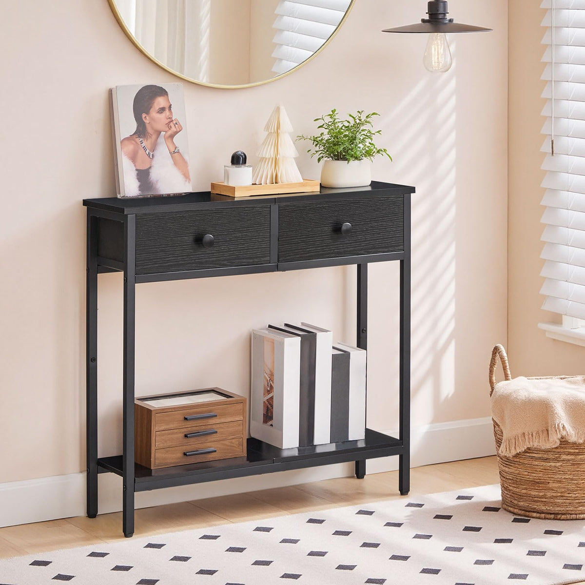 Black Entryway Table with 2 Fabric Drawers, 29.5 Inch Slim Design