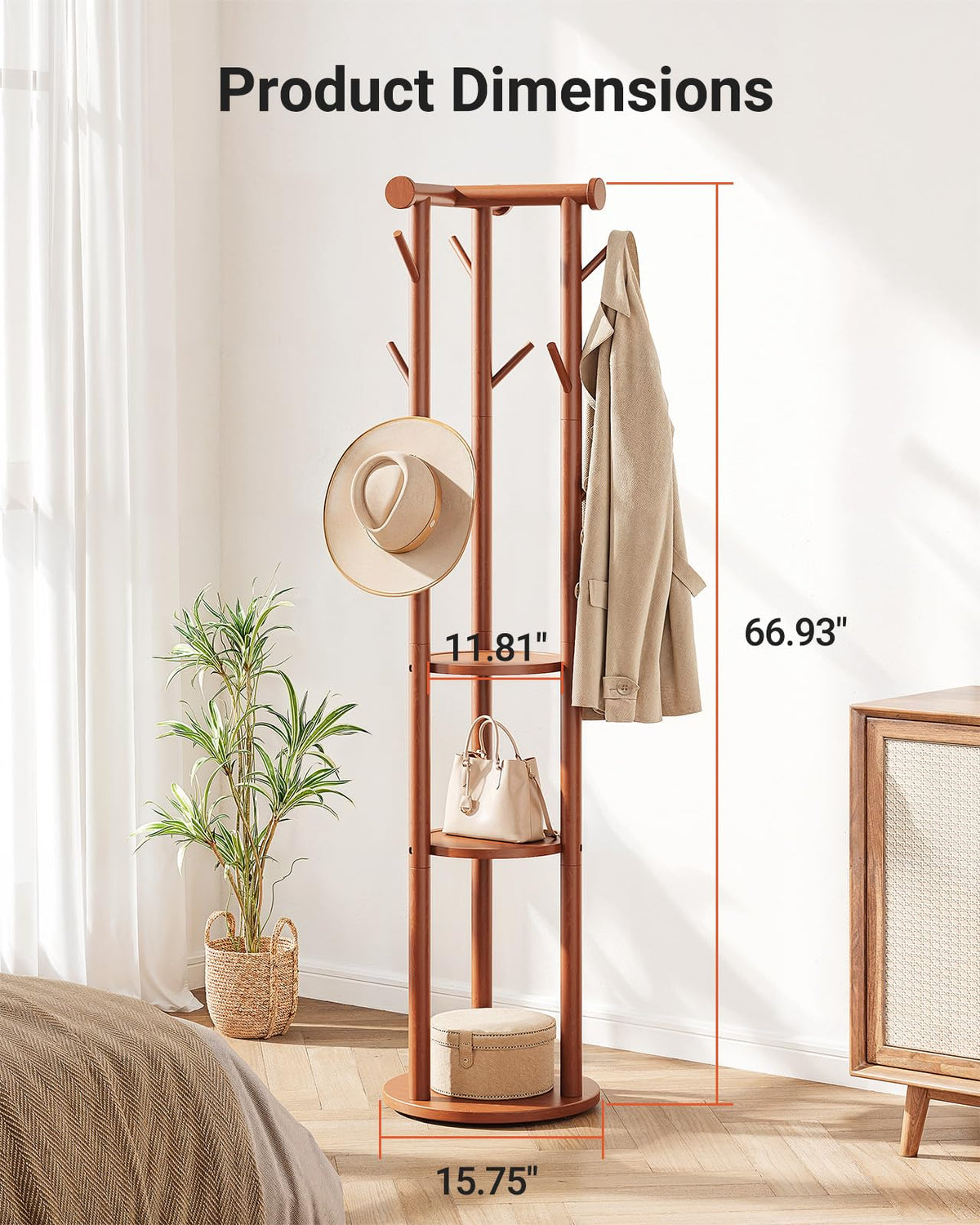 Rolling Pine Coat Rack with 9 Hooks, 3 Shelves and Top Bar, Walnut