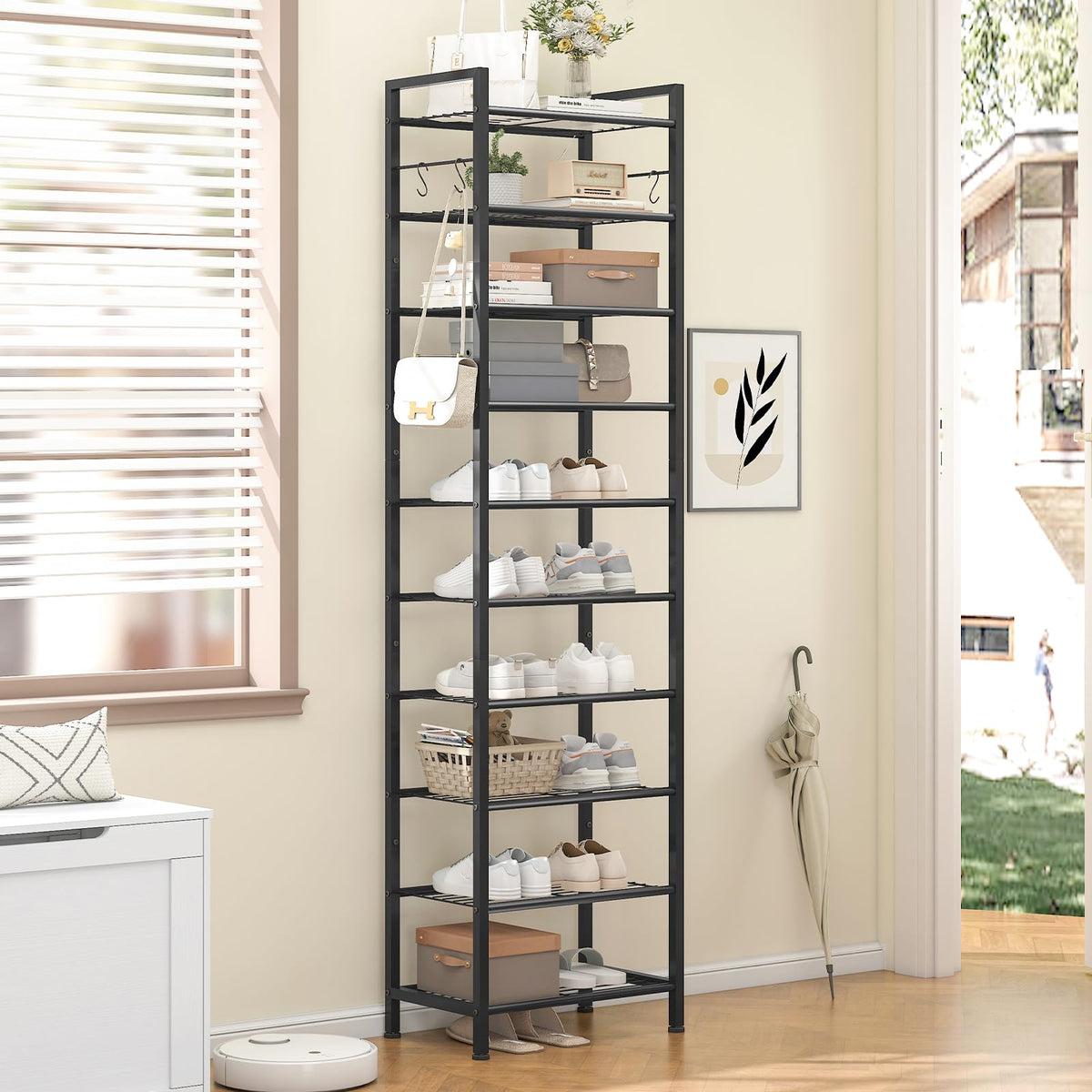 10 Tier Narrow Shoe Rack with 4 Hooks, 20 to 30 Pairs, Black Metal