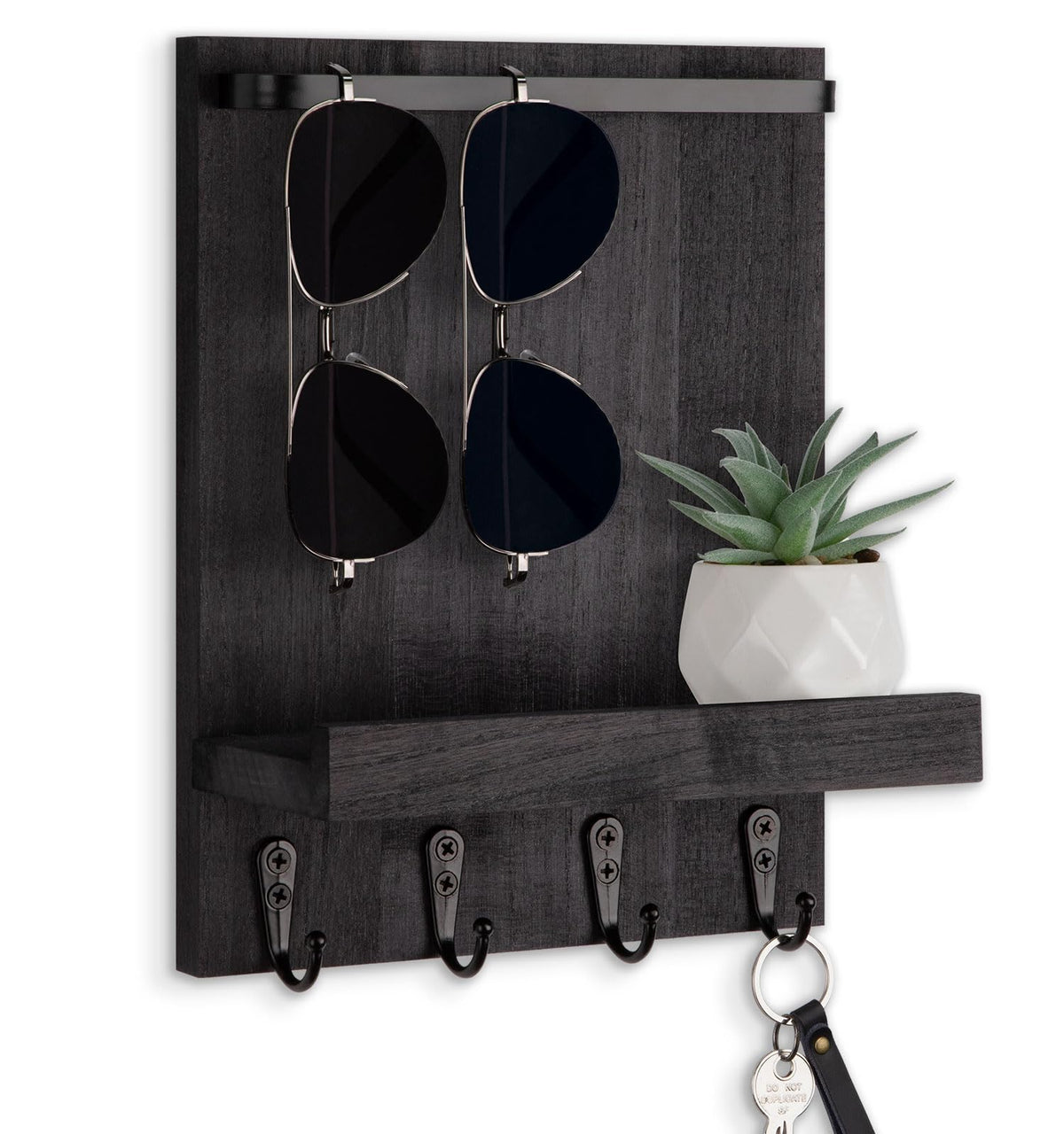 Wall Key Holder with Sunglasses Rail, Shelf and 4 Hooks, Black Wood