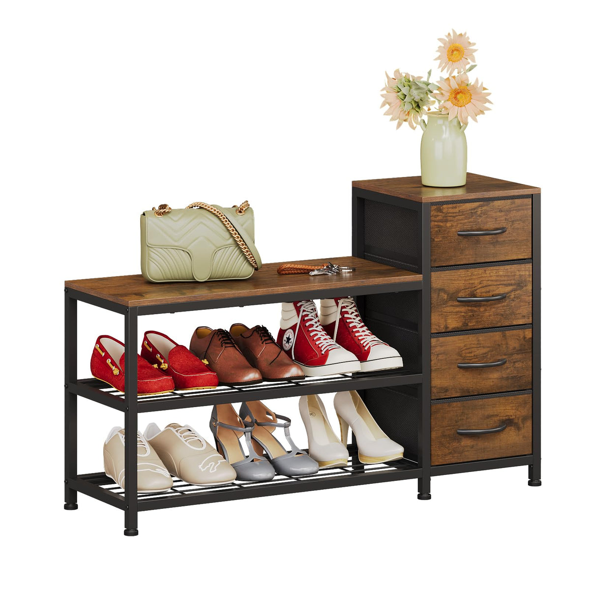 Industrial Shoe Bench with 4 Fabric Drawers, 39.4 Inch, Rustic Brown