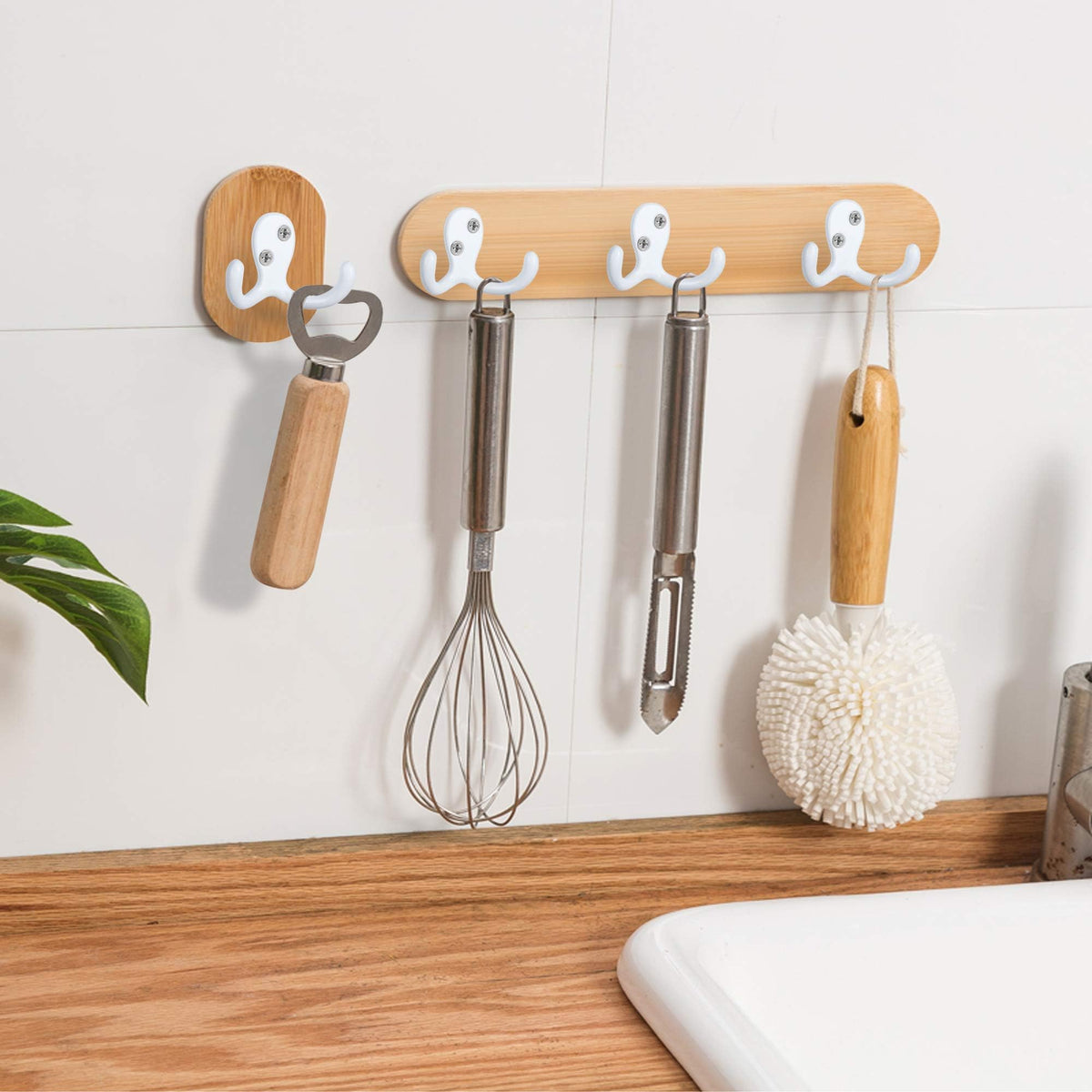 White Double Prong Coat Hooks, 28 Pack with 56 Screws
