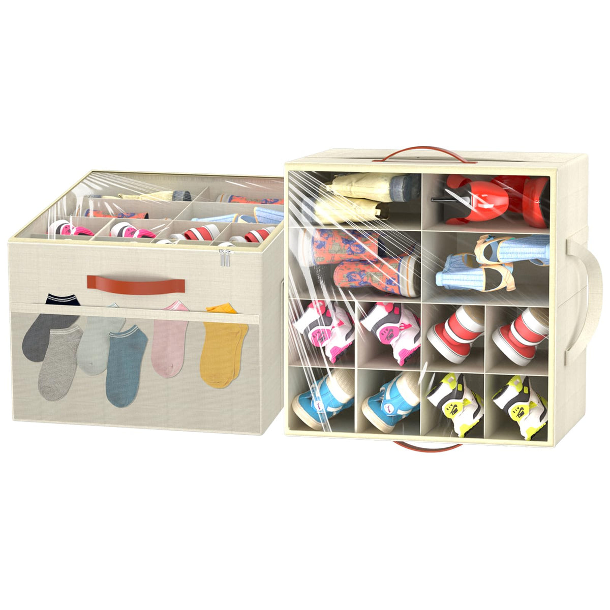 Fabric Shoe Storage Boxes, 2 Pack, 16 Pairs Each, Beige with Clear Lid