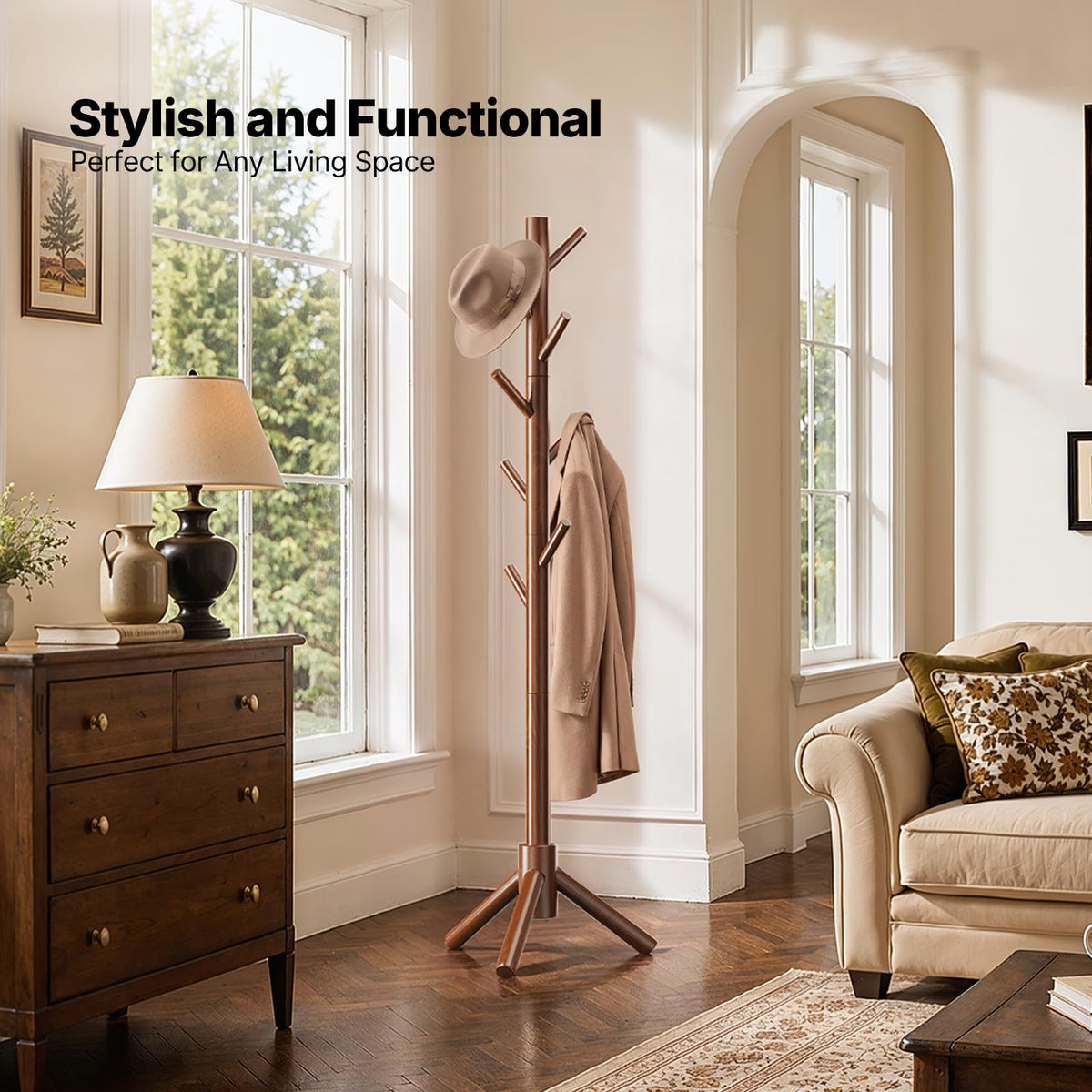 Freestanding Wooden Coat Stand, 8 Hooks, Walnut, Tool Free