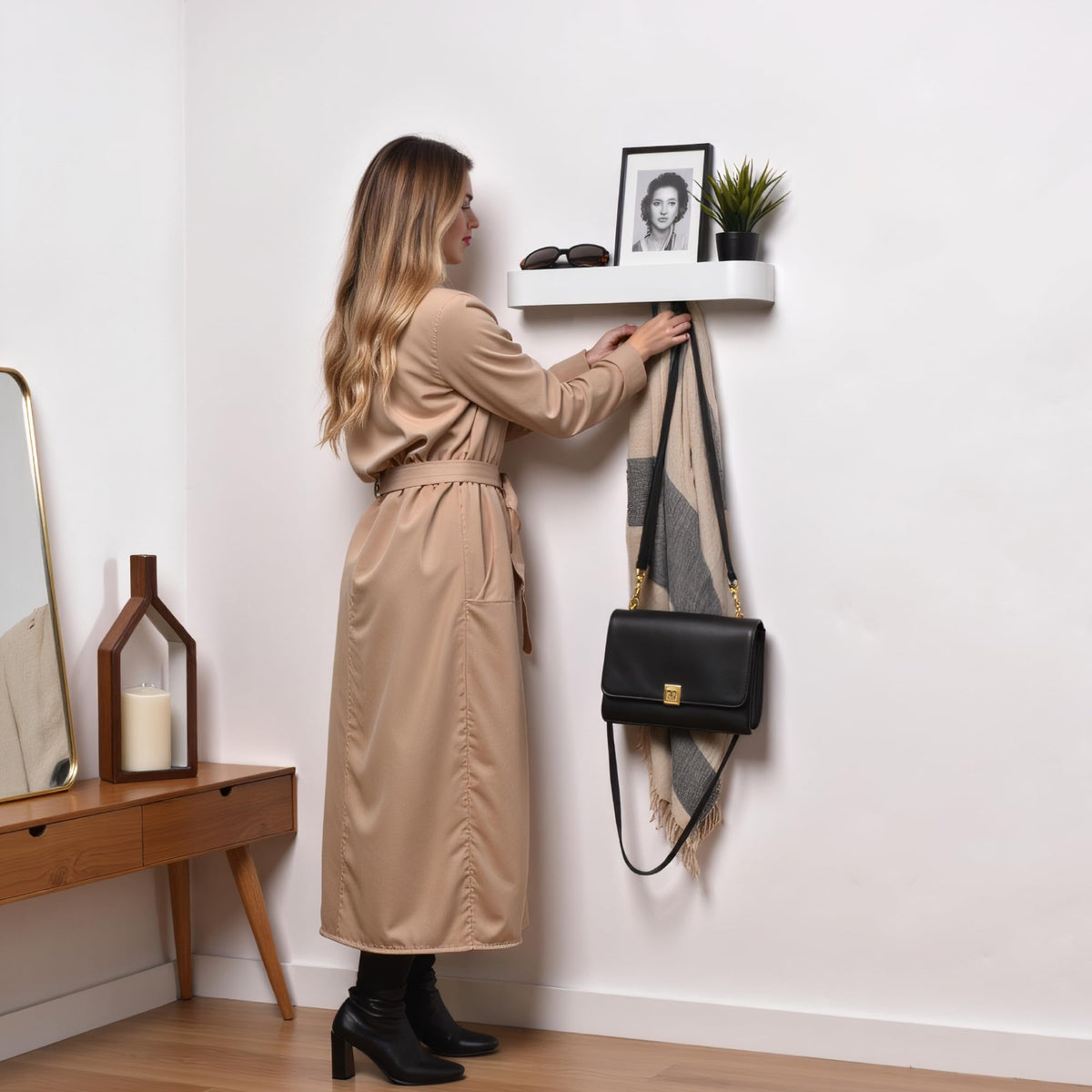 Modern White Steel Coat Rack with Shelf, 5 Hooks Wall Mount
