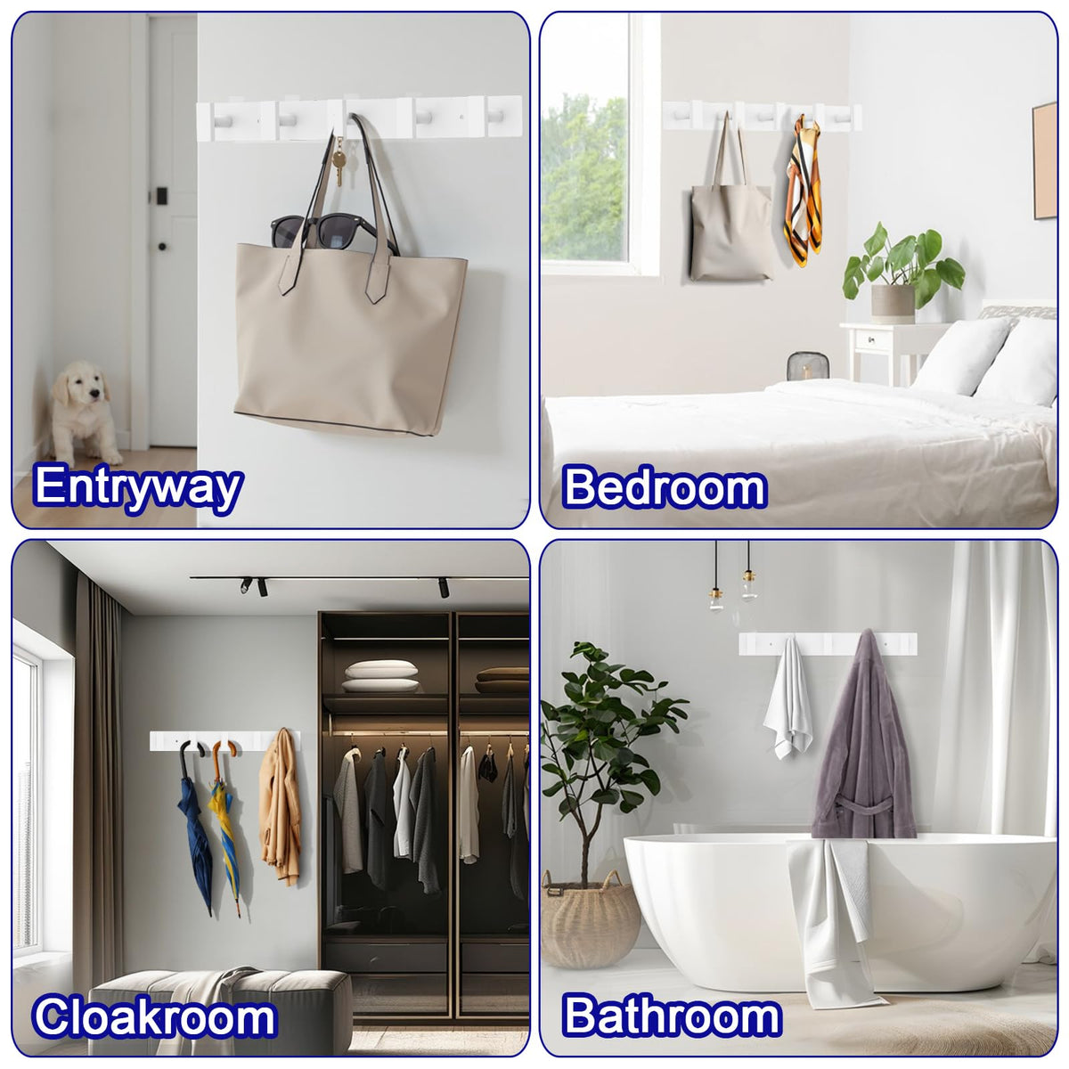 White Wall Coat Rack, 5 T Hooks, Stainless Steel Hook Rail