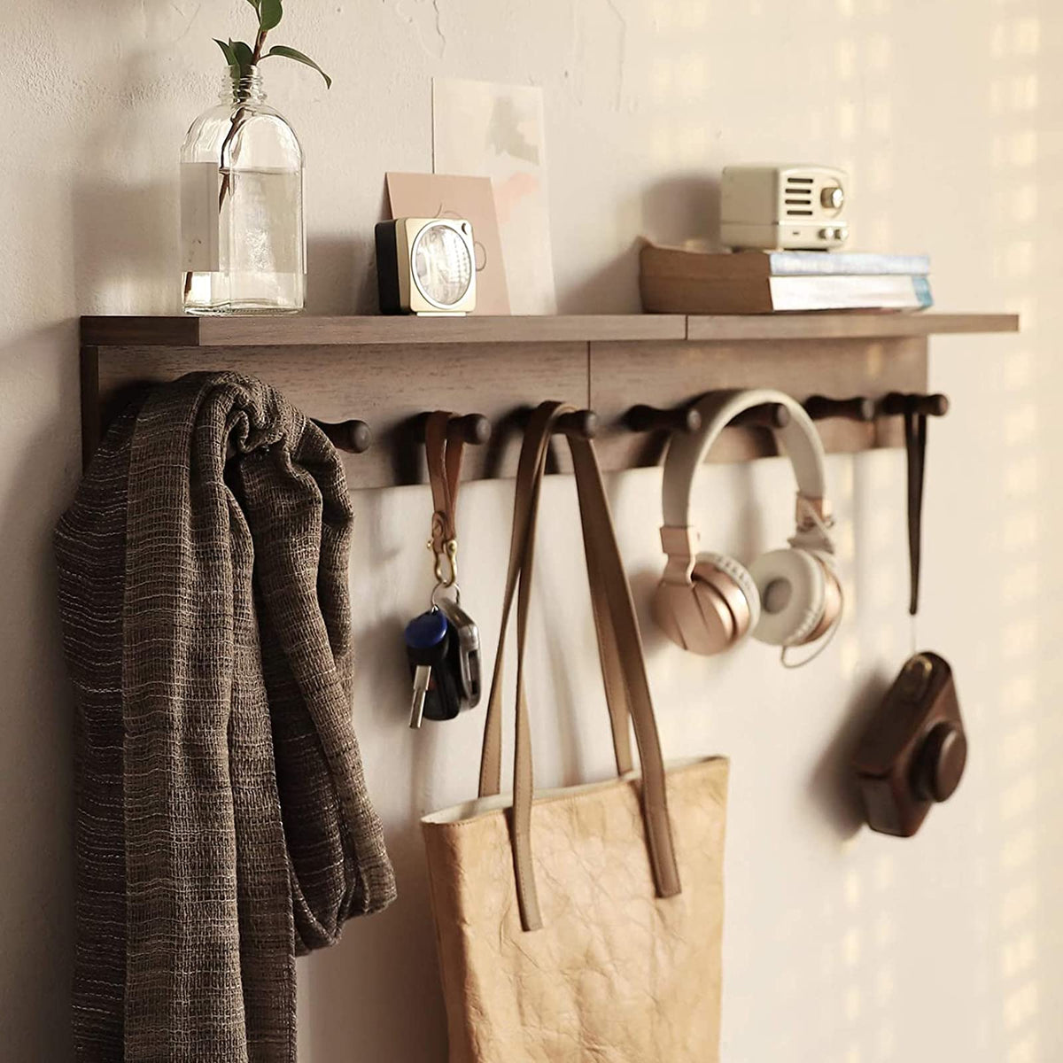 Wooden Wall Hook Rack, Walnut Finish Entryway Coat Hooks