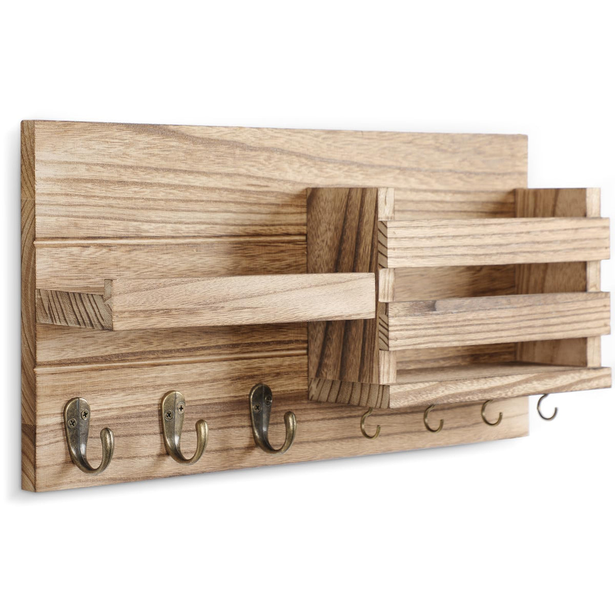 Wood Mail Organizer and Key Holder with Shelf, 3 Coat Hooks, 4 Key Hooks
