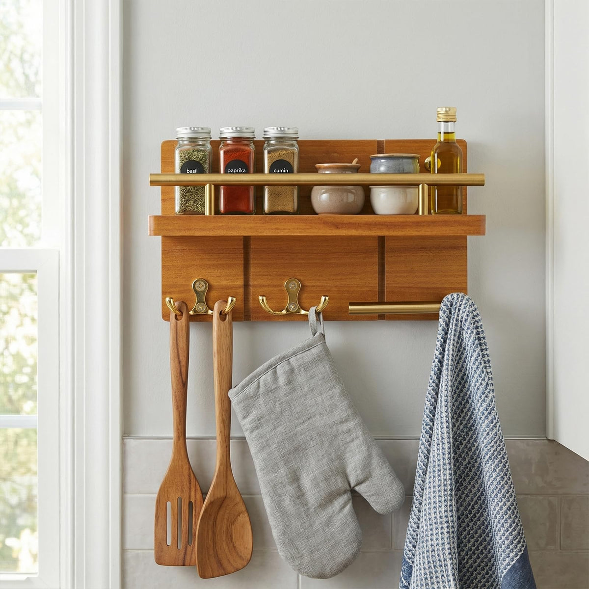 Compact Teak Key Rack with Floating Shelf, 9.8 Inch, Gold Hooks