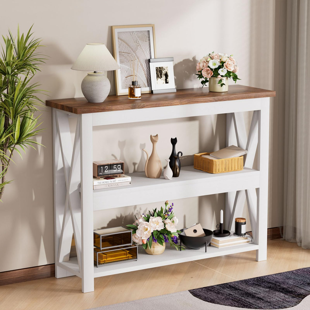White 3 Tier Console Table, 41 Inch Narrow Entryway Shelf with X Legs