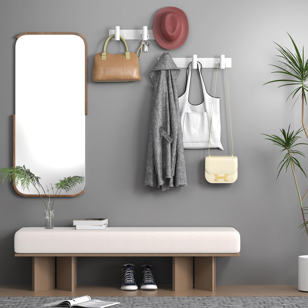 White T Shape Hook Rail, 3 Hooks, Set of 2 Wall Coat Racks