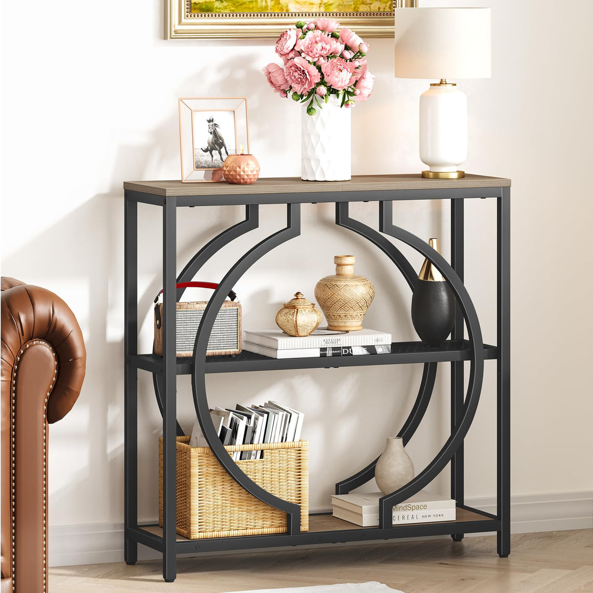 Narrow 3 Tier Console Table with Round Base, 29.5 Inch, Grey