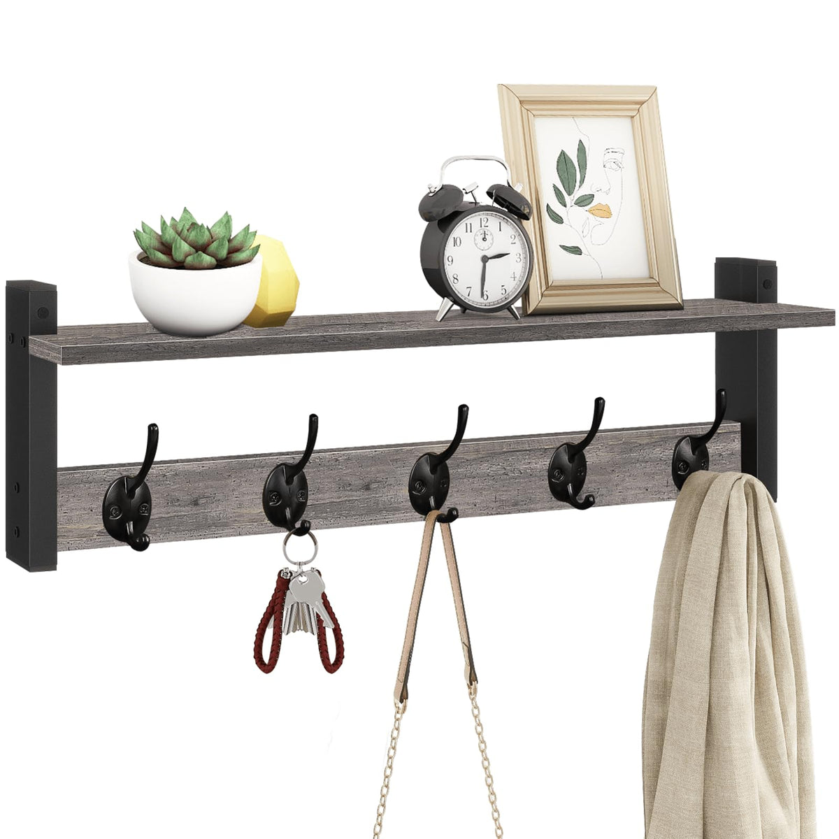 Coat Rack Shelf with 5 Dual Hooks, 24 Inch, Rustic Grey Wood