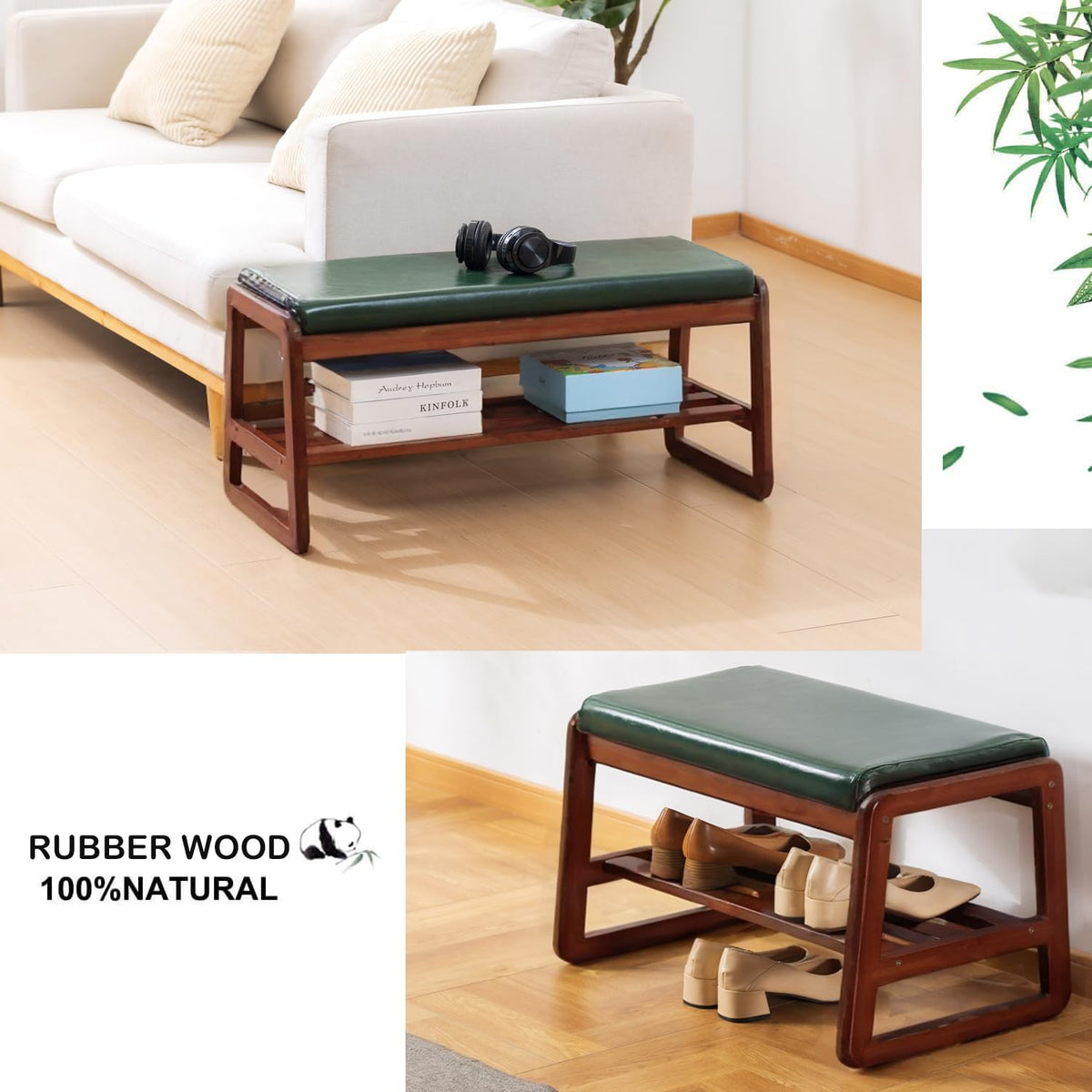 Green Cushioned Shoe Bench, 2 Tier, 21.65 Inch, Solid Wood