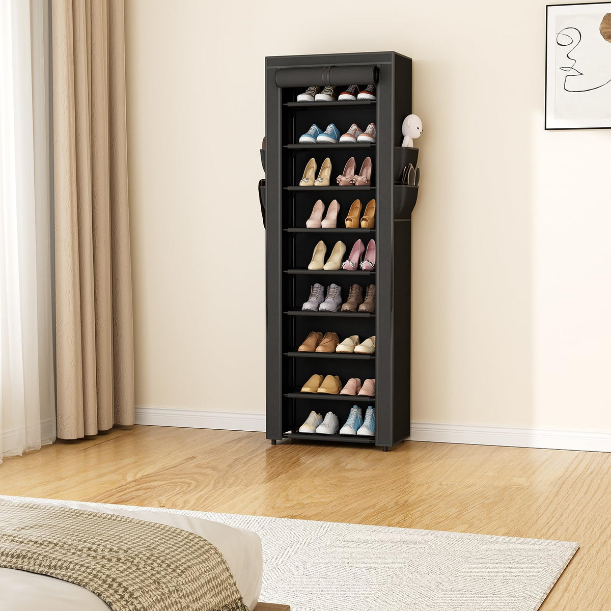 10 Tier Covered Shoe Rack, Holds 18-22 Pairs, Black Metal Frame