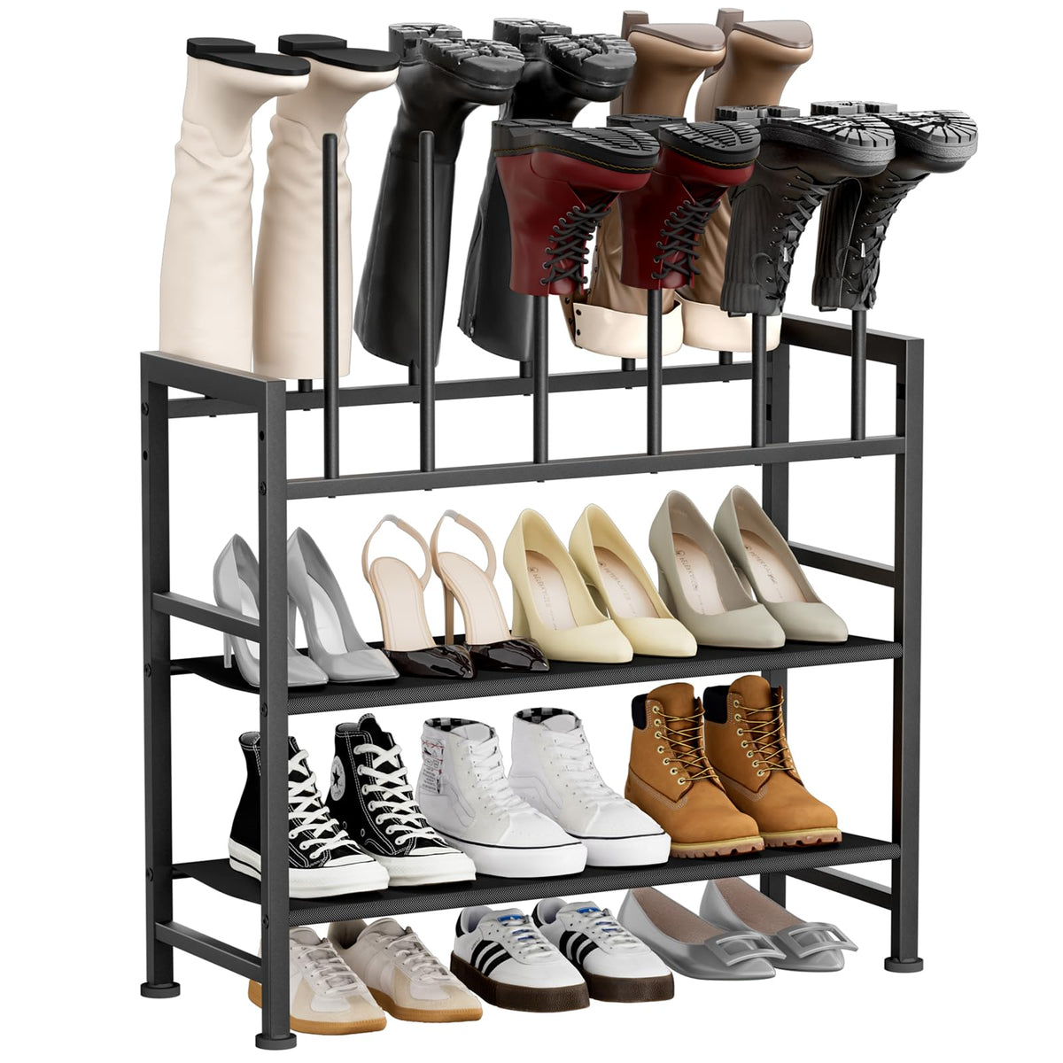4 Tier Boot Rack for Tall Boots, Holds 6 Pairs, Black Metal