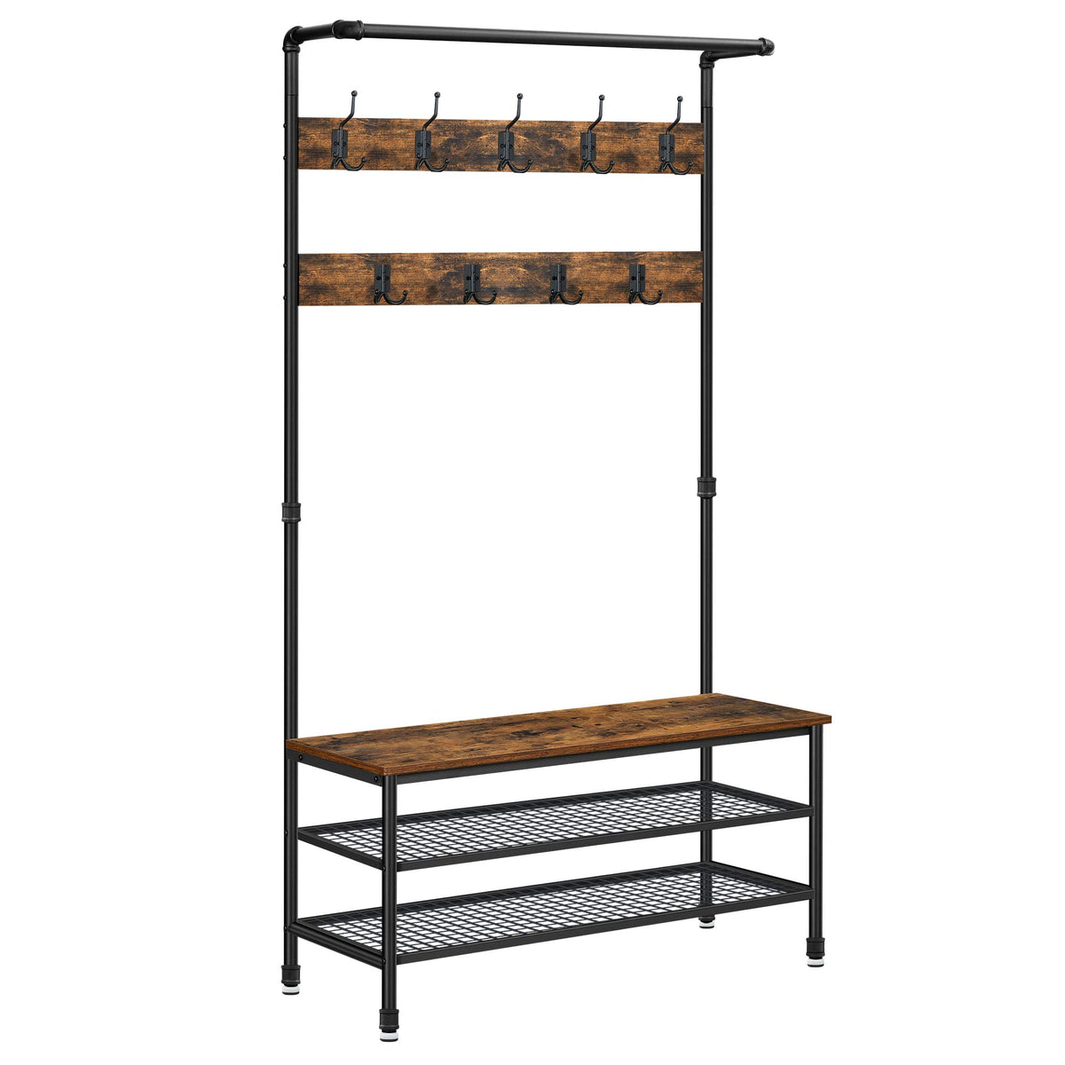 Industrial Hall Tree with Bench, 9 Hooks and Hanging Rail, Rustic Brown