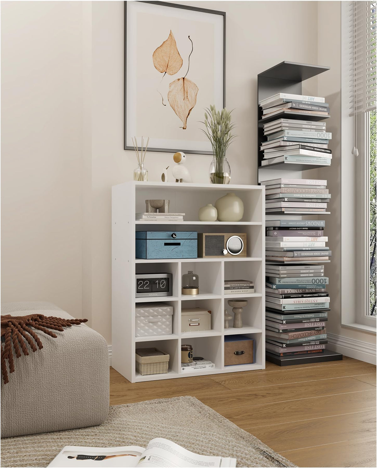 9 Cube Shoe Cubby with 2 Shelves, 23.6 Inch, White Wood