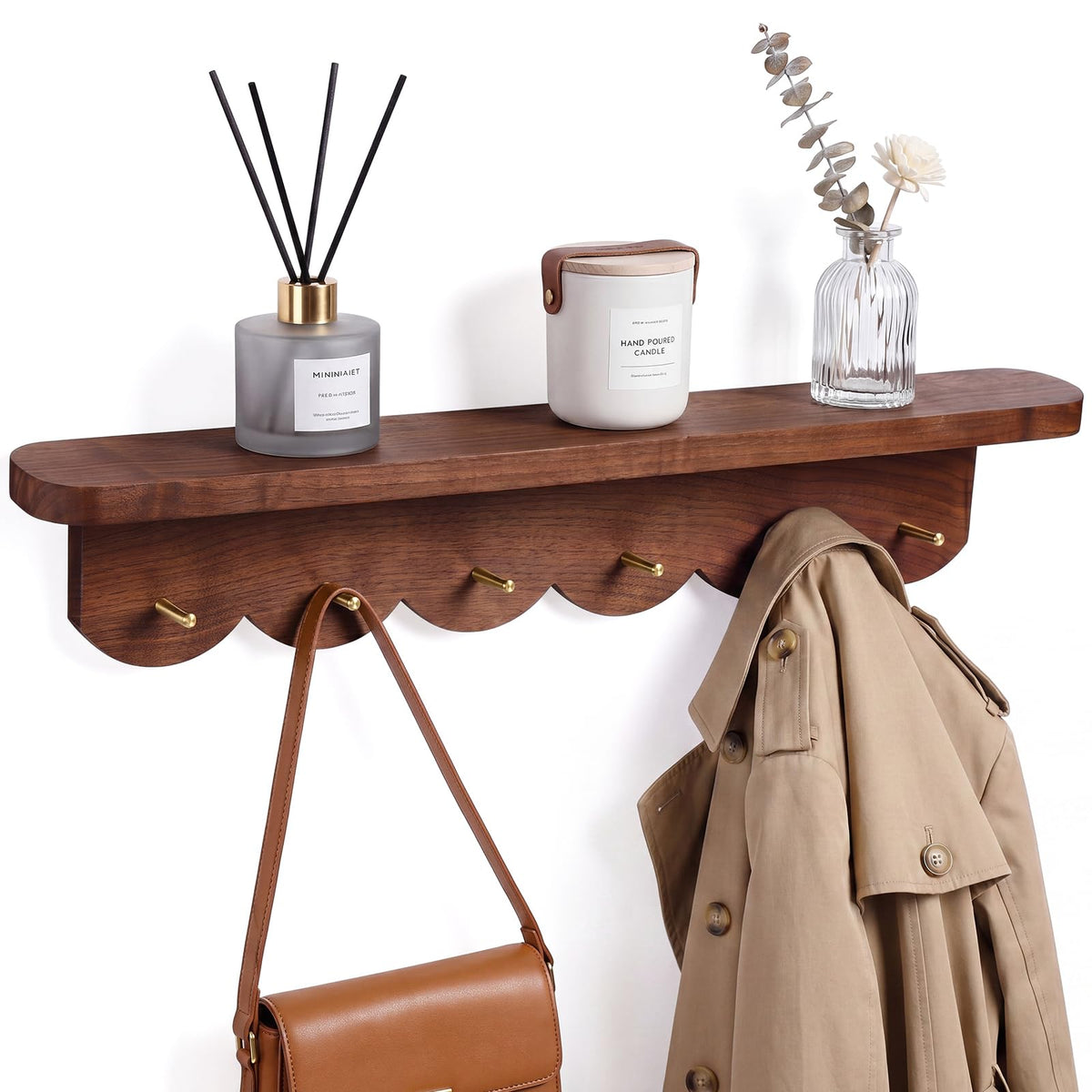 Scalloped Walnut Wall Shelf with 6 Brass Hooks, 24.5 Inch