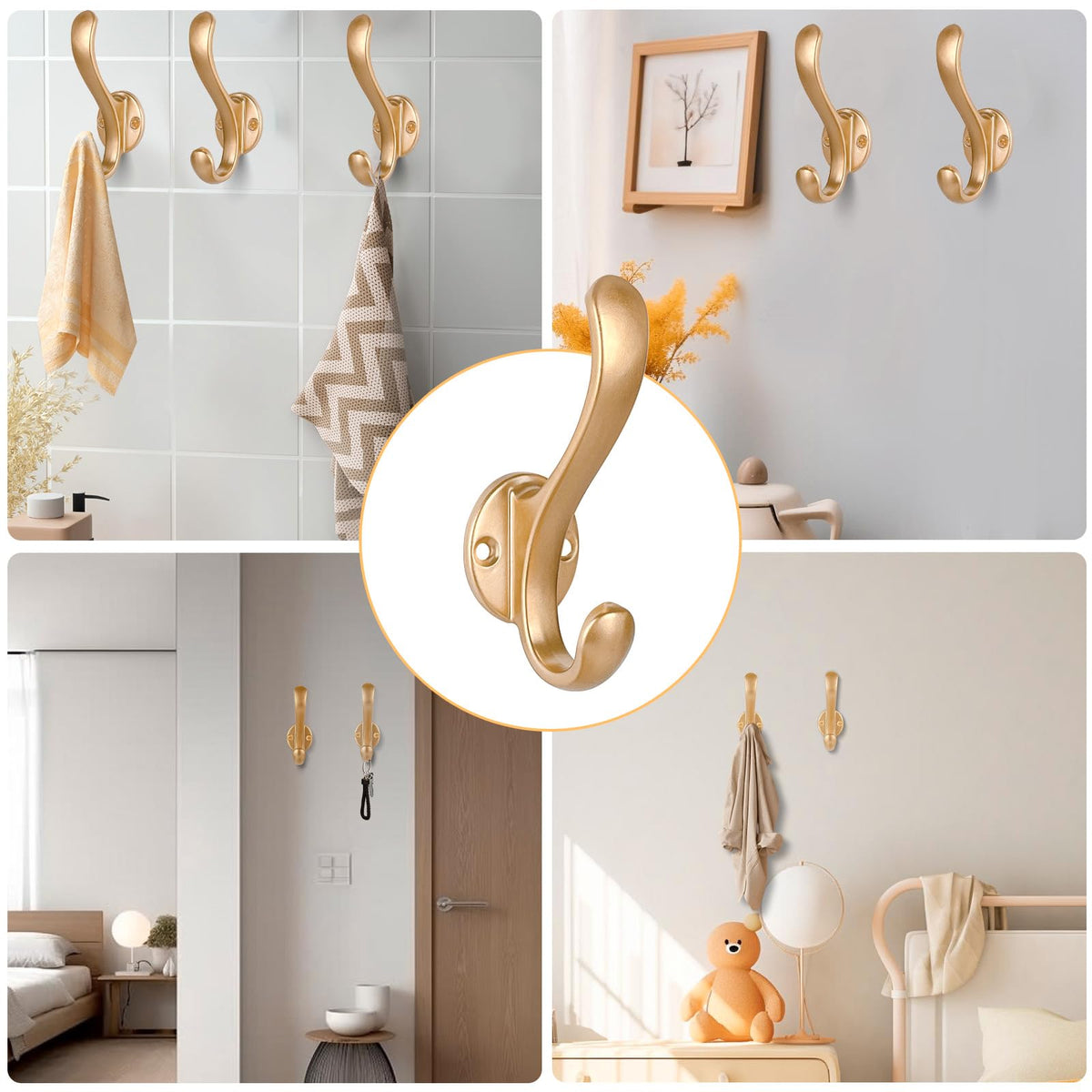 Gold Double Coat Hooks, 10 Pack, Retro Aluminum Wall Hooks with Screws